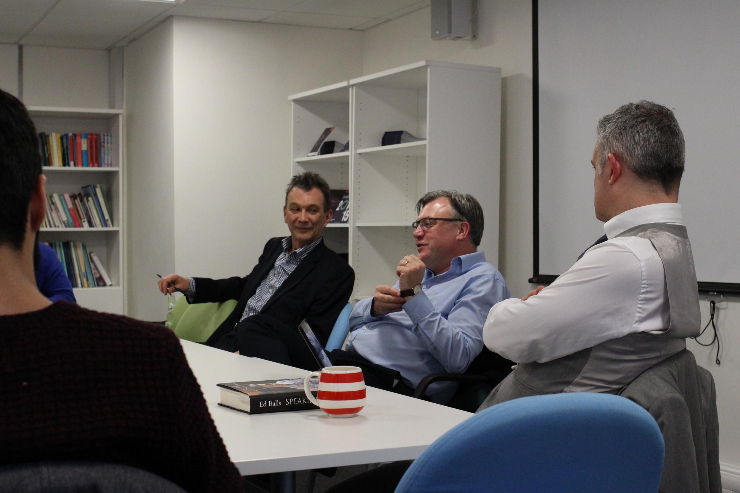 Ed Balls at King's College, London, on Monday, with John Rentoul and Jon Davis