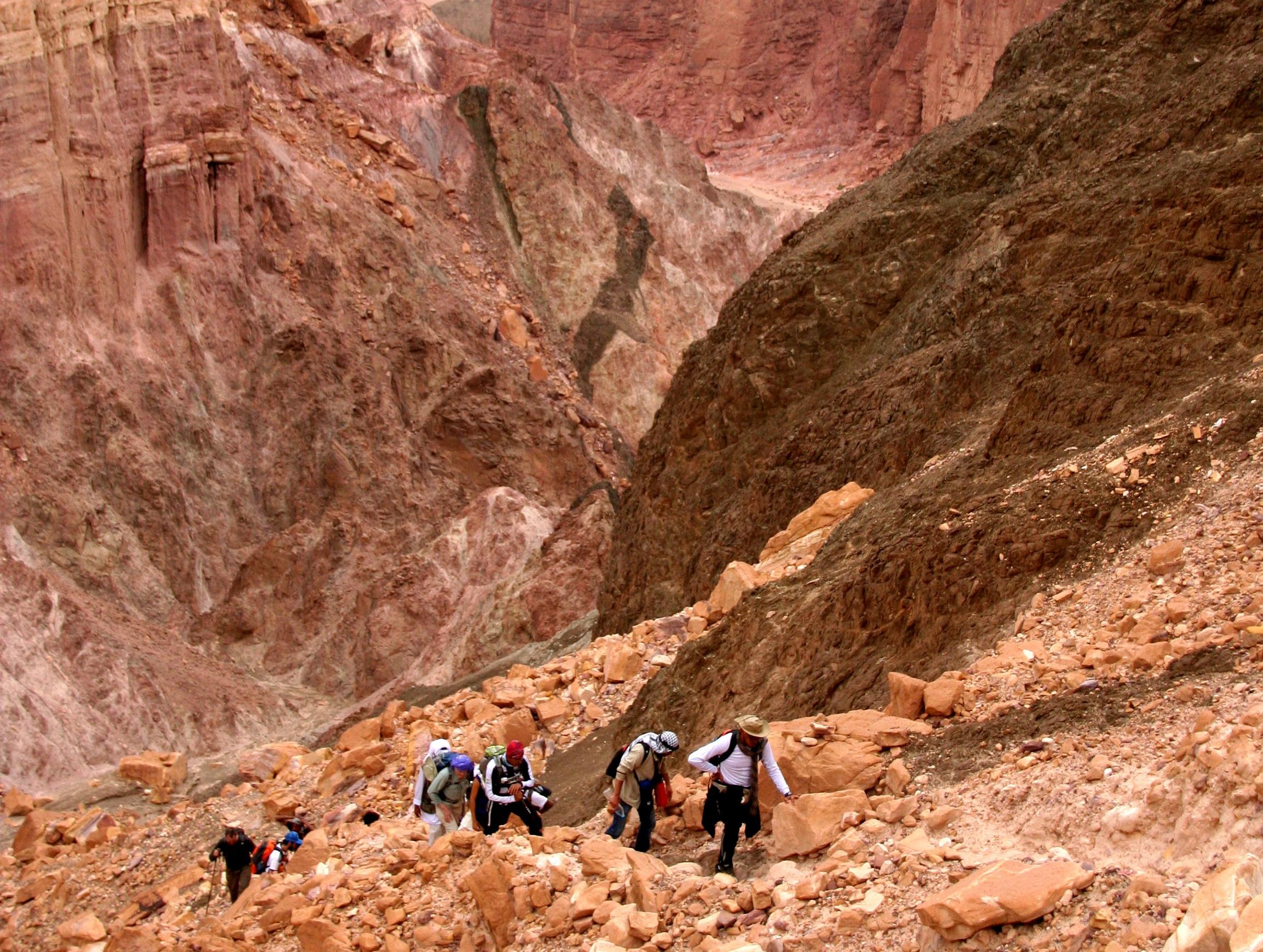 The steep ascent over loose, stony ground from Wadi El Melha