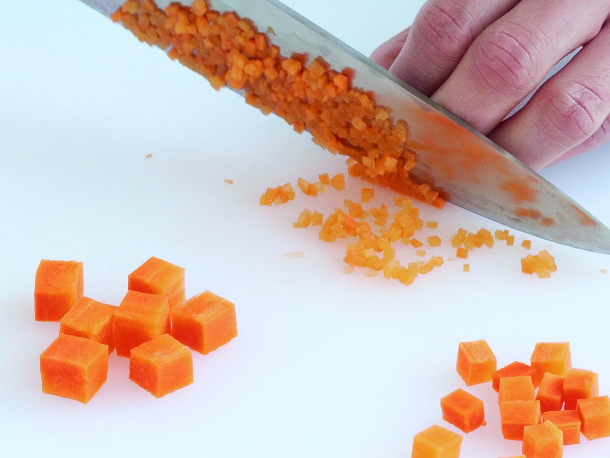 Cut across batons to form uniform dice (left);the carrot should be perfectly square in shape. Cut across allumettes to form brunoise (right). Cut across julienne to form fine brunoise (top)