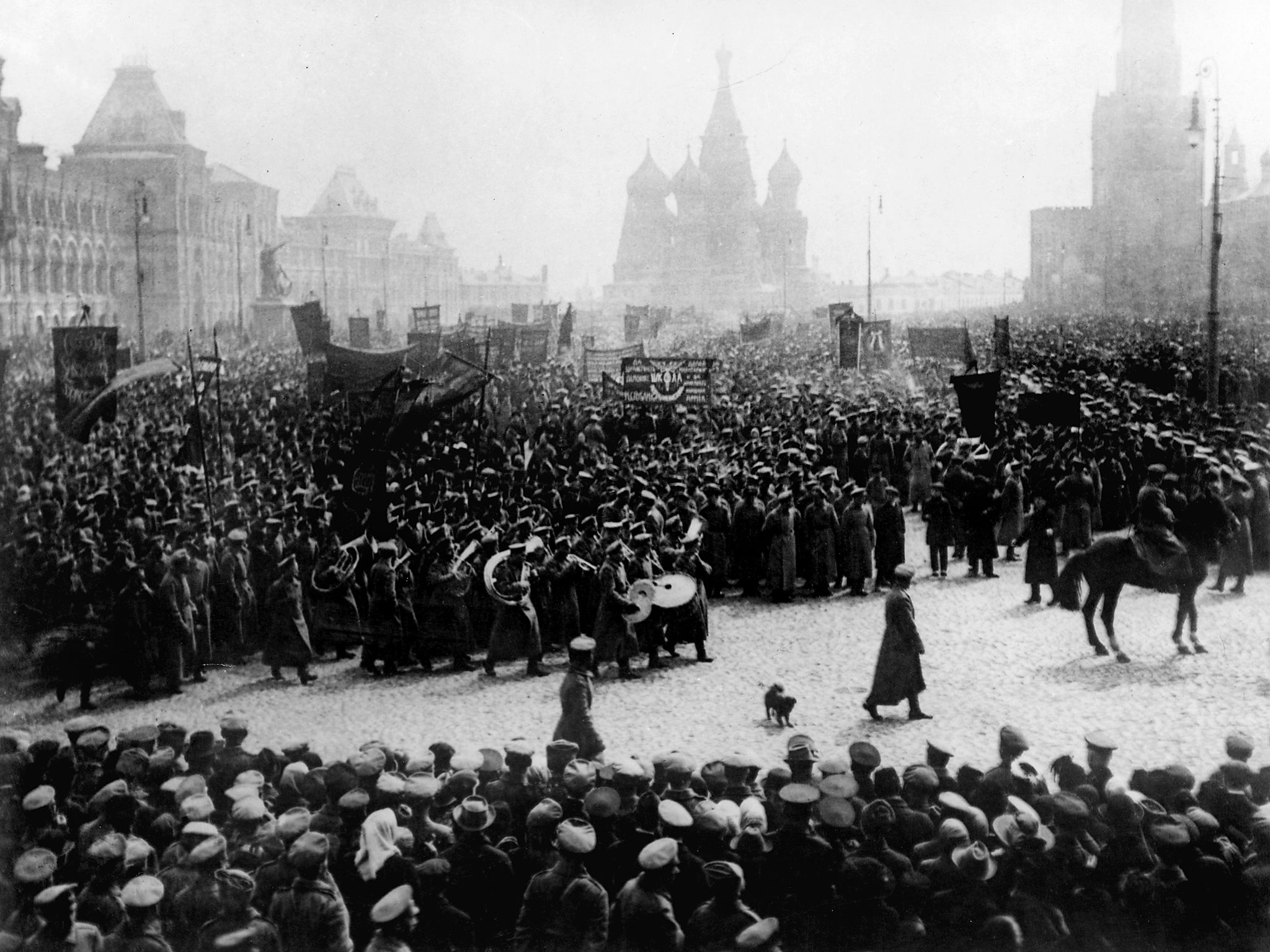 A parade and demonstration in Red Square, Moscow, to commemorate the First of May (Russia’s Labour Day) in 1917