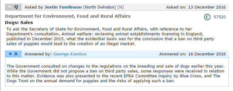 Defra Minister George Eustice cites Dogs Trust and Blue Cross as providing evidence of risks posed by a third party ban