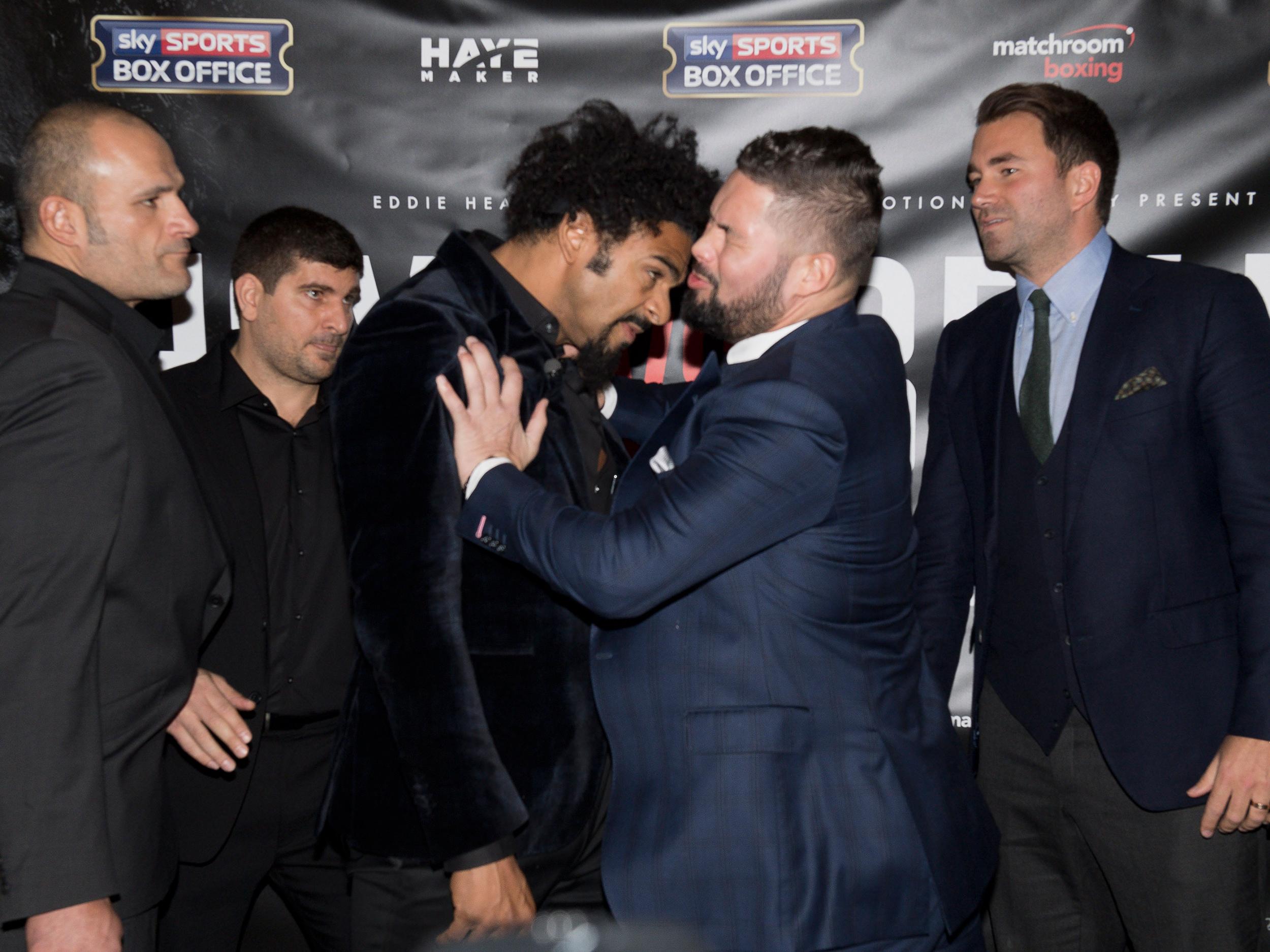 The two infamously came to premature blows at the first press conference, with Bellew pushing Haye away before being clipped by a sly punch.