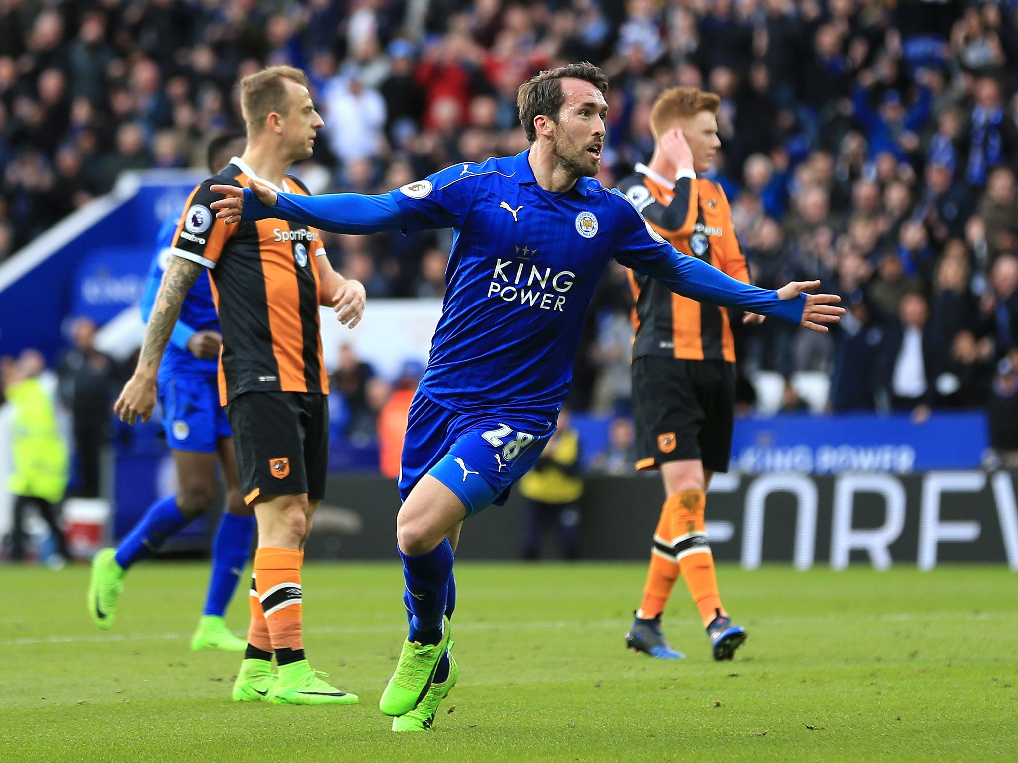 Christian Fuchs celebrates scoring Leicester's equaliser