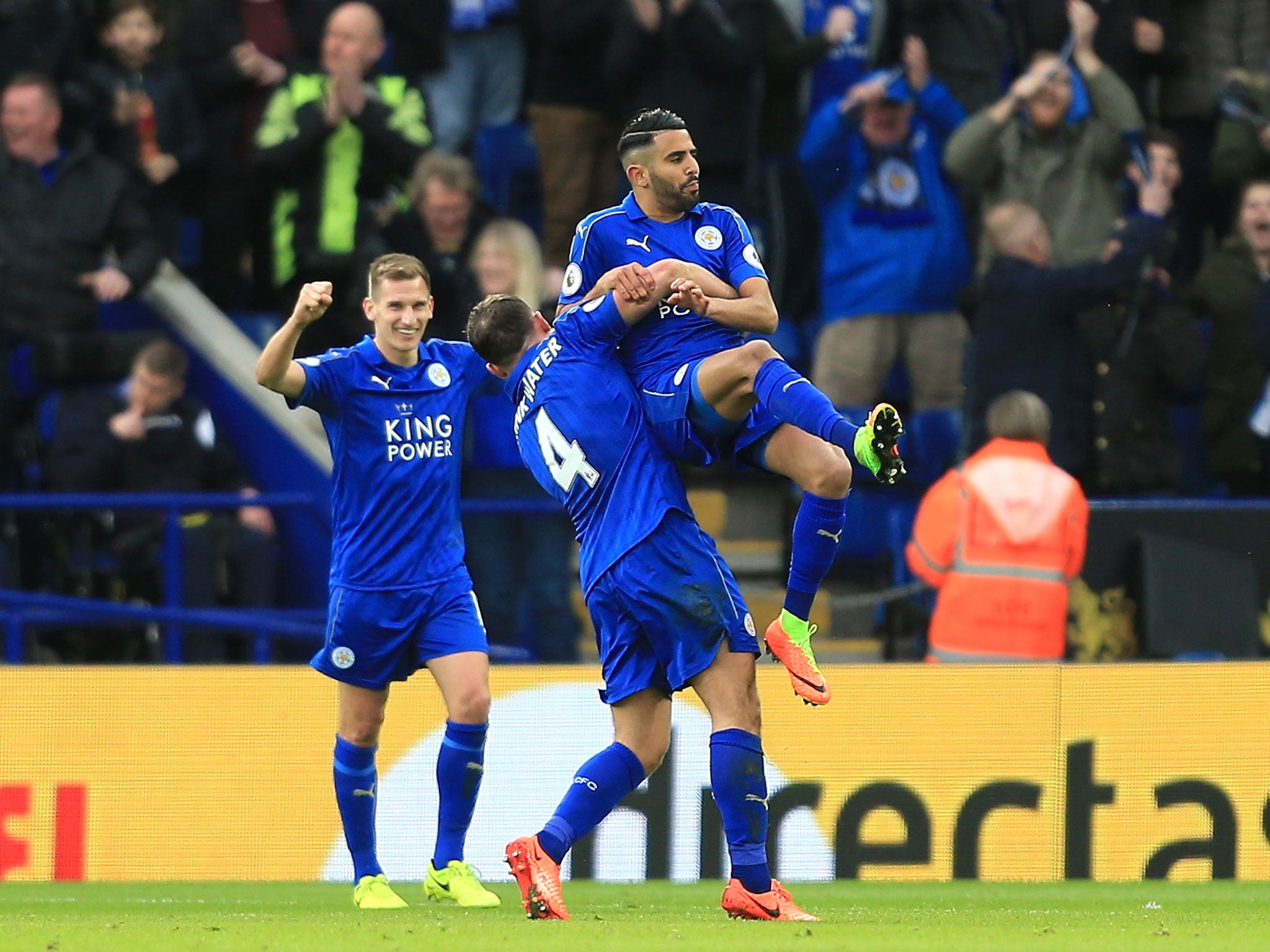 Riyad Mahrez celebrates after scoring Leicester's second goal