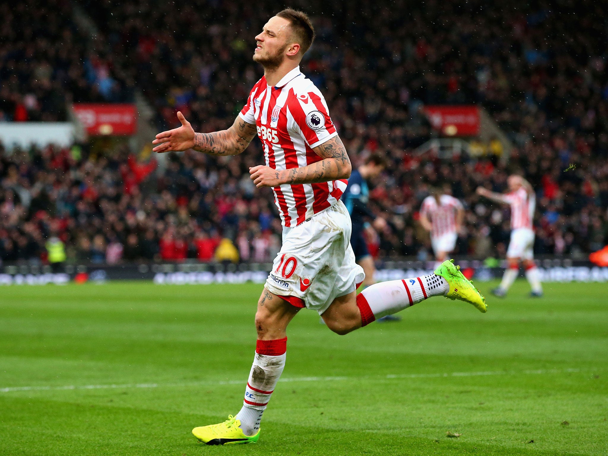 Arnautovic celebrates scoring his second goal against Boro