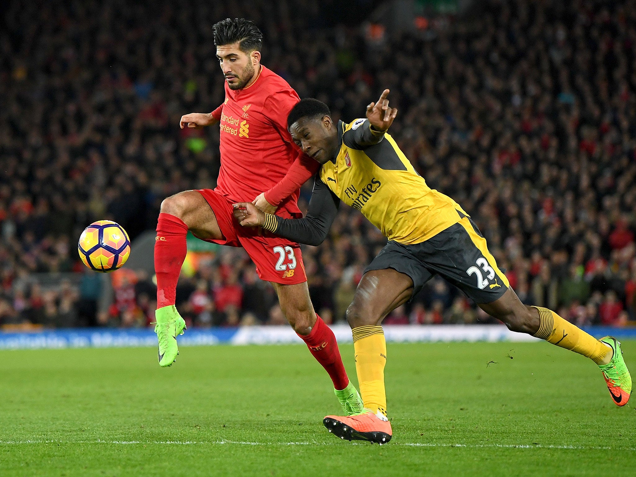 Emre Can was lucky not to be given a second booking for a foul on Theo Walcott (not pictured)