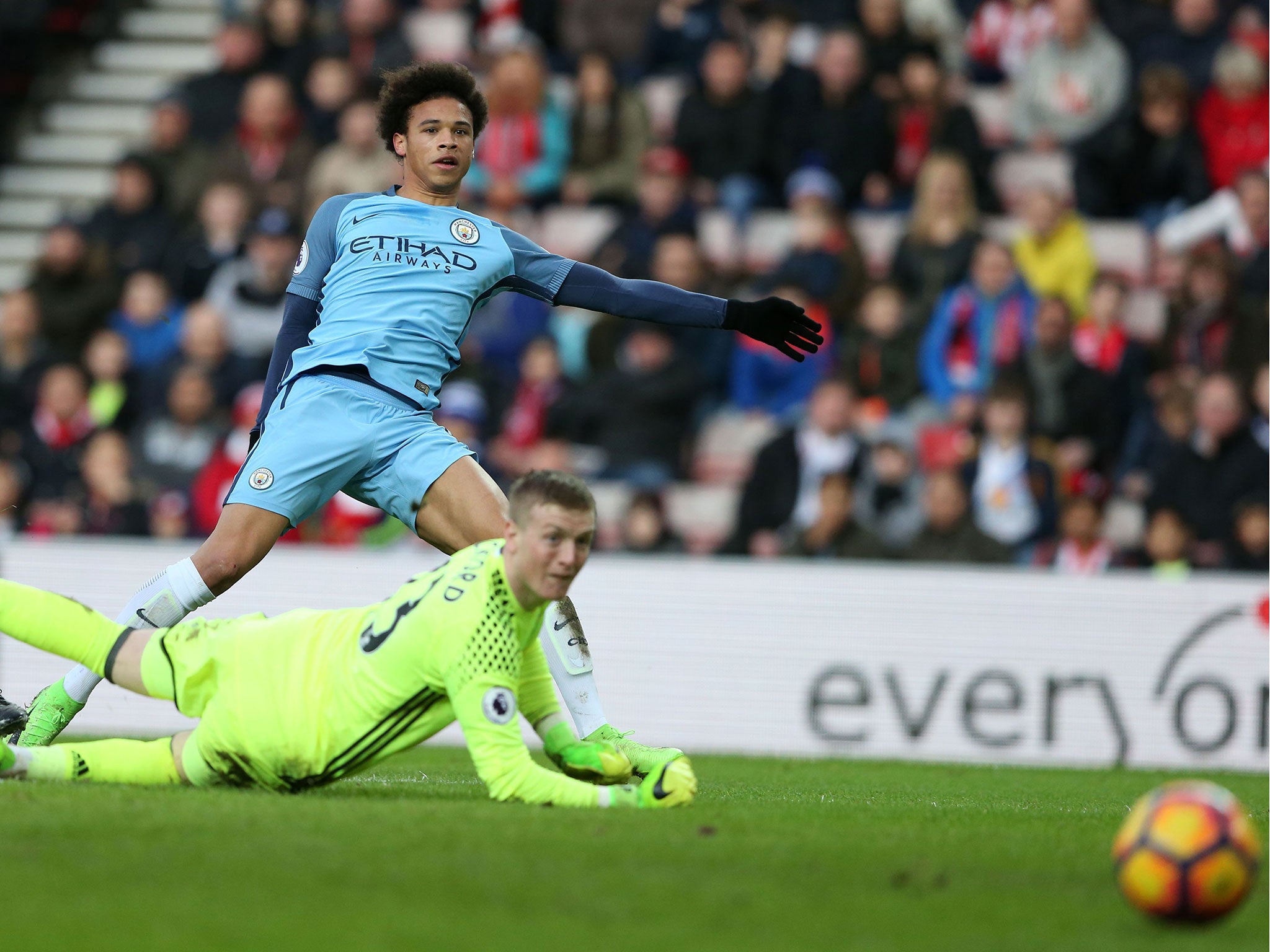 Sane beats Jordan Pickford to double City's lead