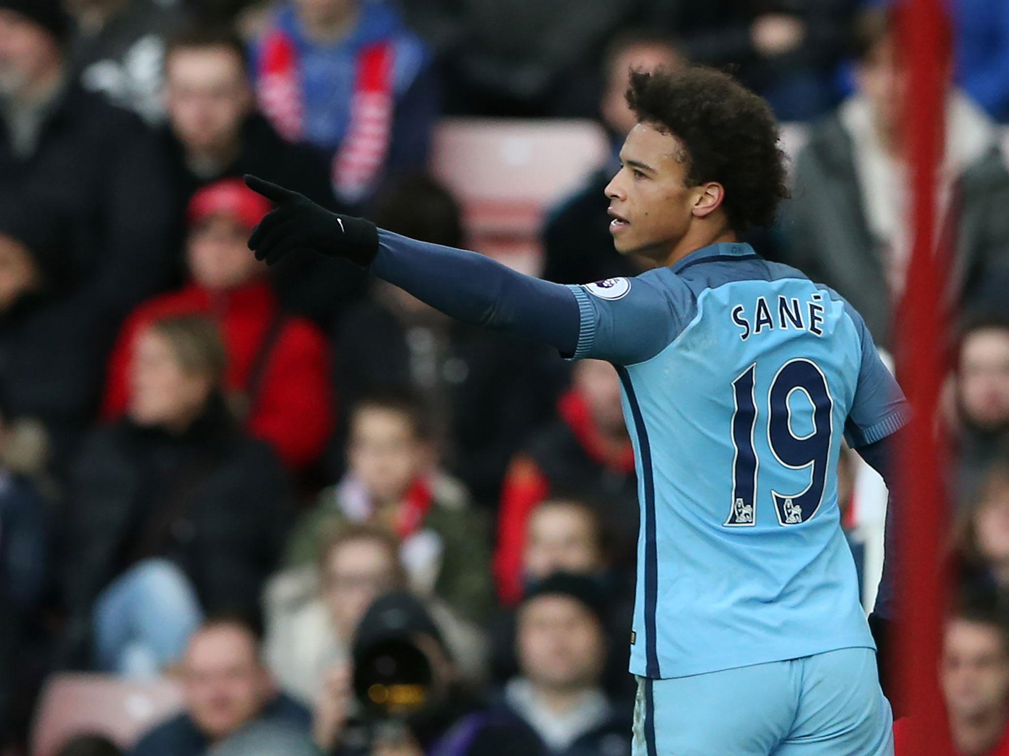 Leroy Sane celebrates scoring against Sunderland