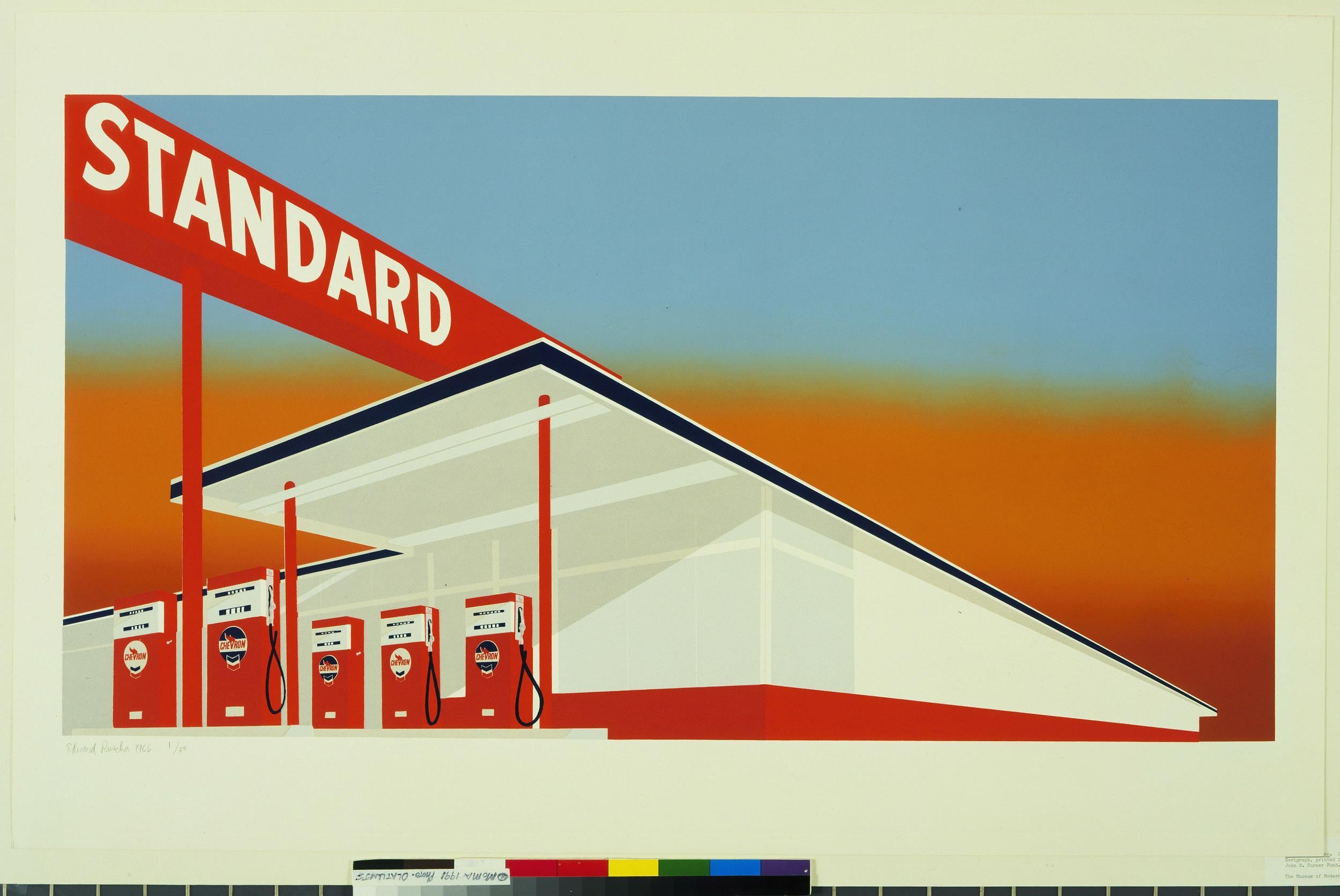 Edward Ruscha’s ‘Standard Station’, Colour screenprint, 1966. (The Museum of Modern Art)