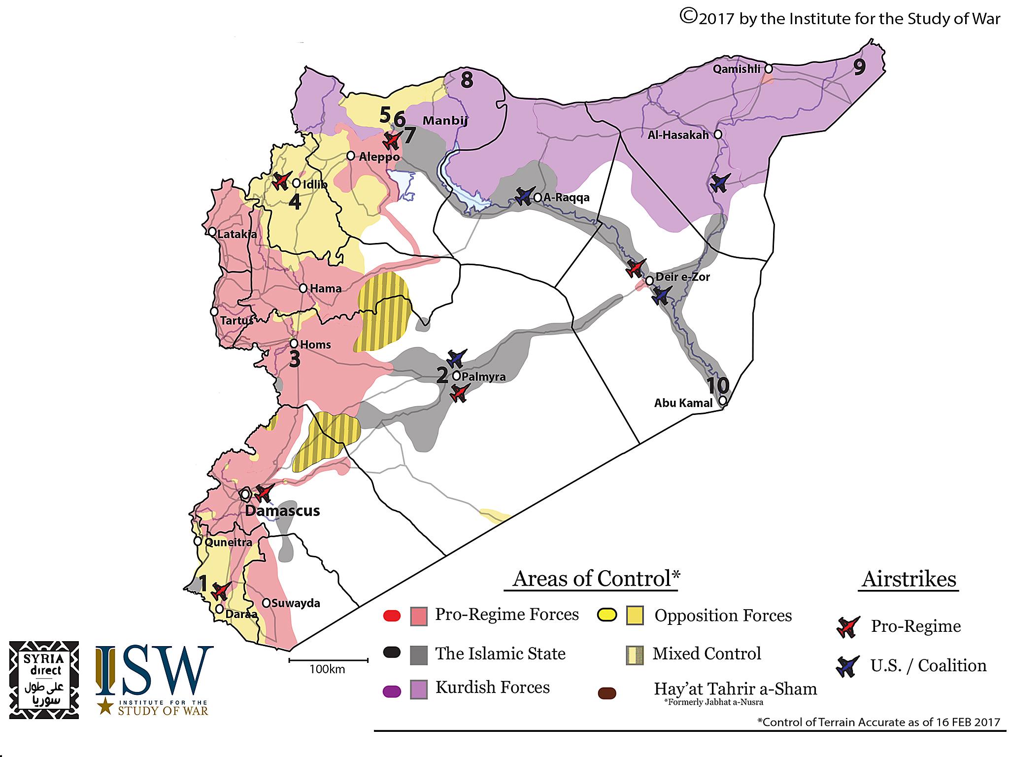 SYRIA SITUATION REPORT: FEBRUARY 24 - MARCH 2, 2017 - These graphics mark the latest installment of the Syria SITREP Map made possible through a partnership between the Institute for the Study of War and Syria Direct. The graphic depicts significant recent developments in the Syrian Civil War. The control of terrain represented on the graphic is accurate as of February 16, 2017