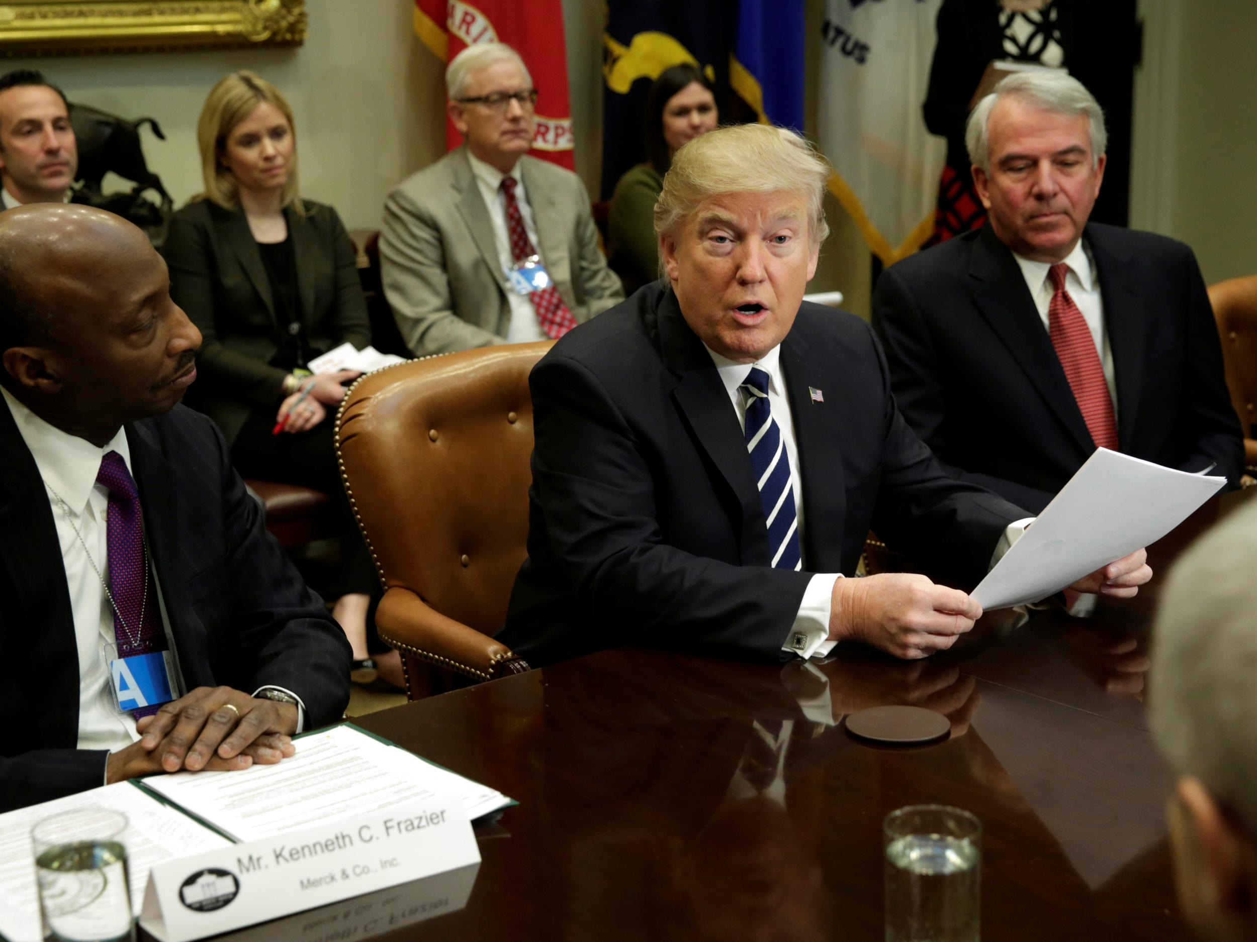 US President Donald Trump meets with pharma industry representatives at the White House in Washington