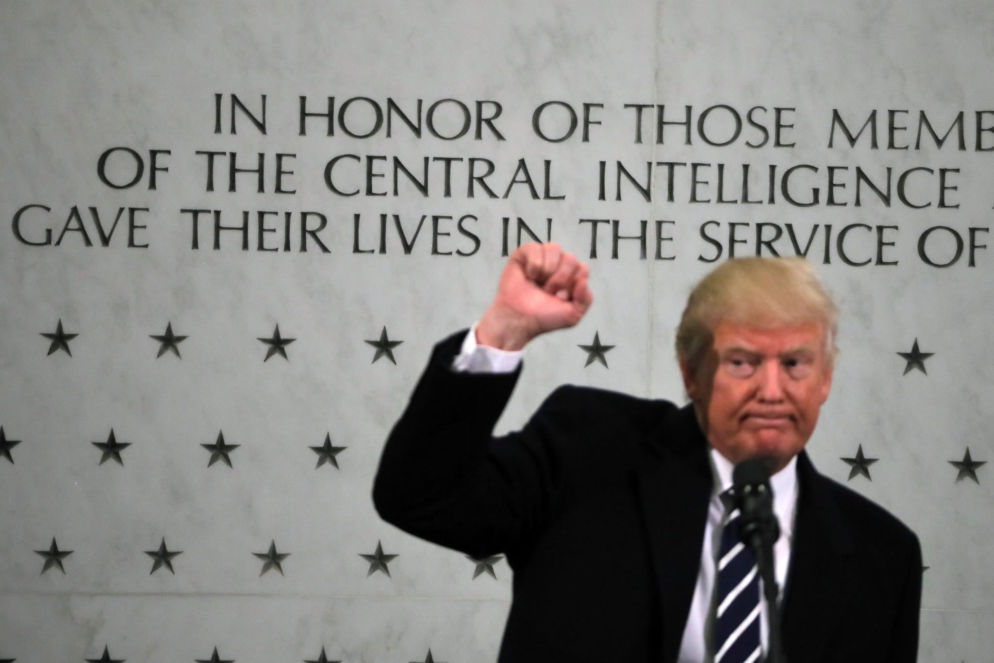 U.S. President Donald Trump reacts after delivering remarks during a visit to the Central Intelligence Agency (CIA) in Langley, Virginia U.S., January 21, 2017