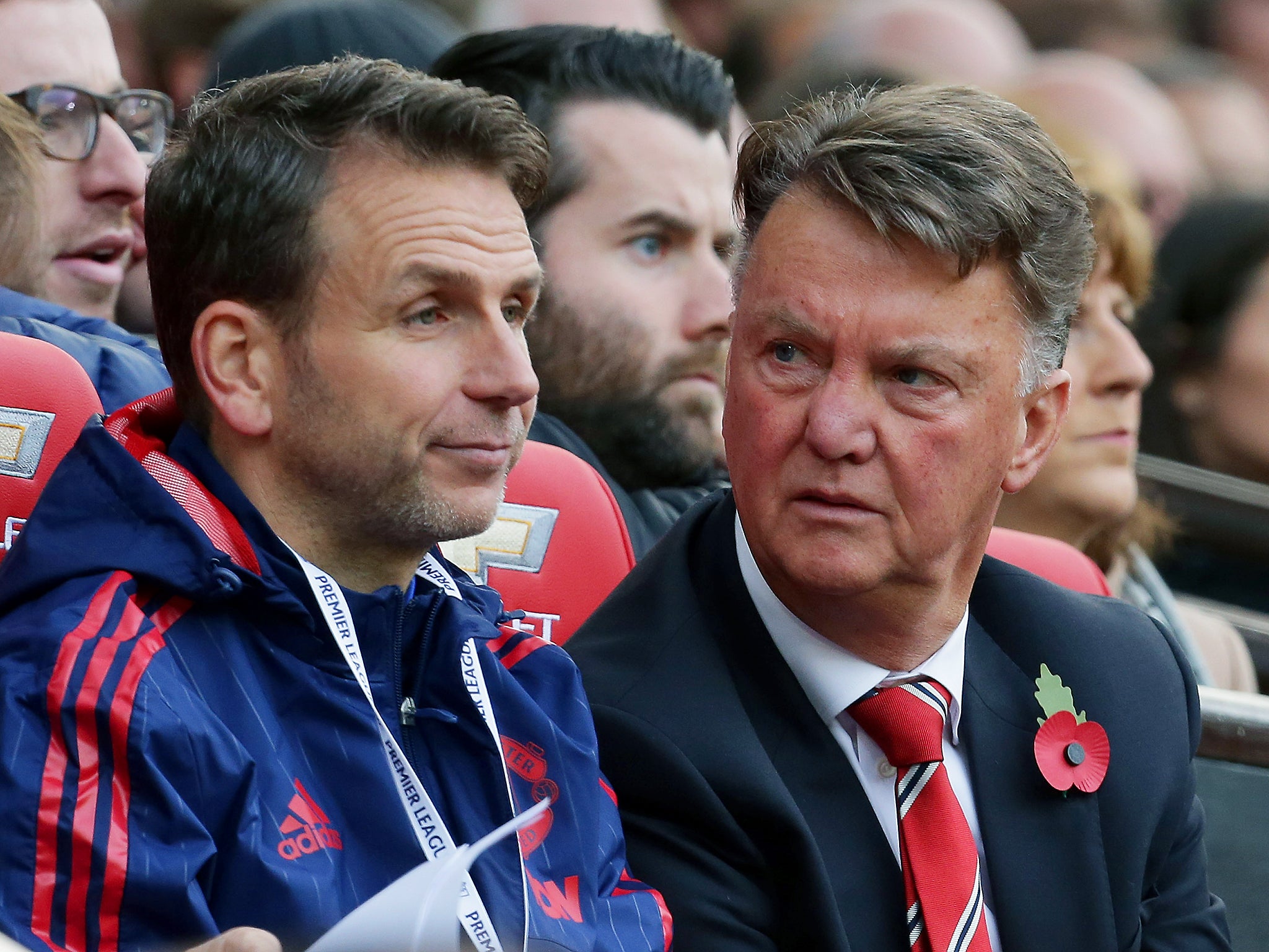 Manager Louis van Gaal and Assistant coach Albert Stuivenberg of Manchester United