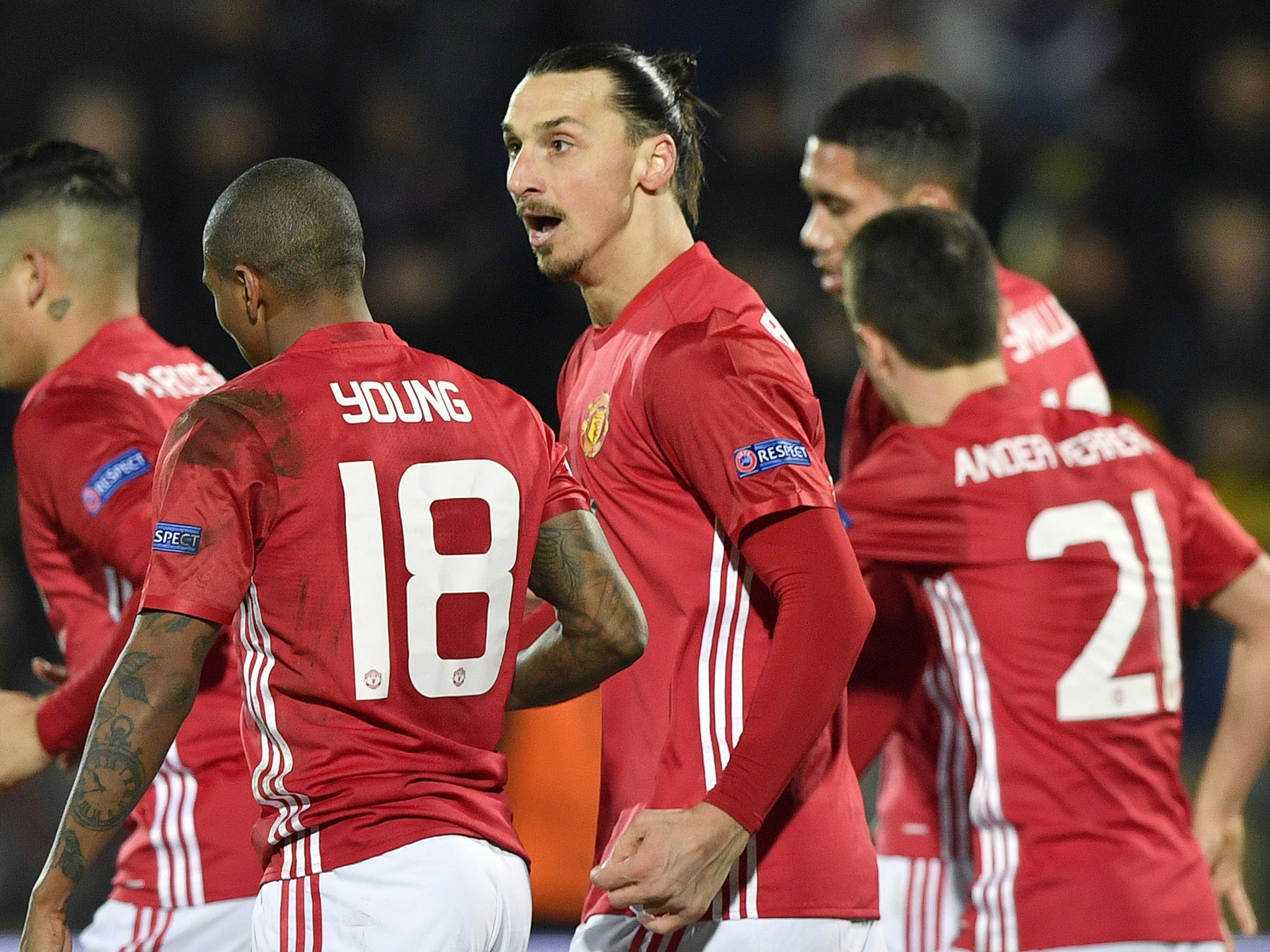 Zlatan Ibrahimovic celebrates Henrikh Mkhitaryan's opening goal in Rostov