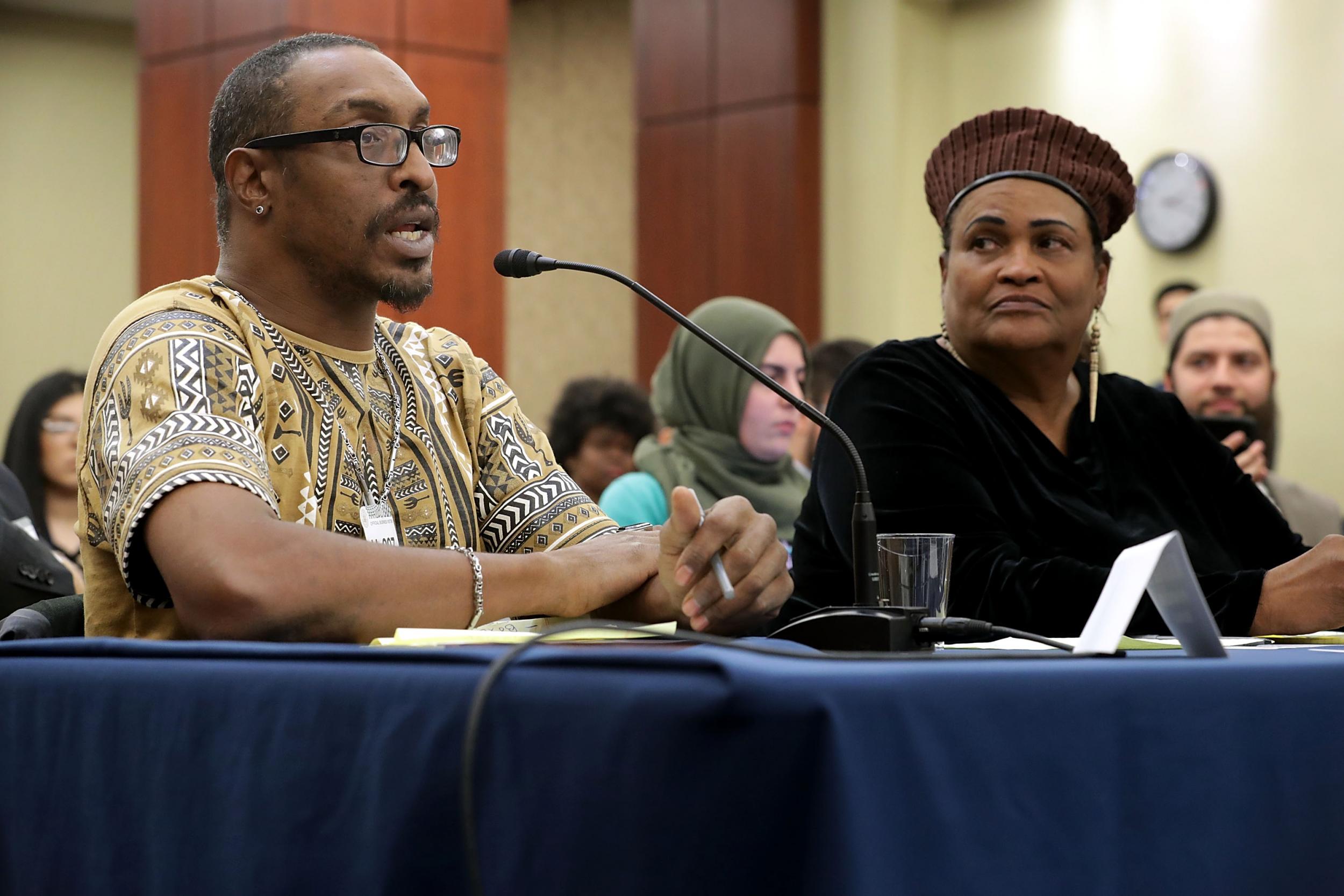 Muhammad Ali Jr and Ms Camacho Ali speaking to members of Congress on Wednesday