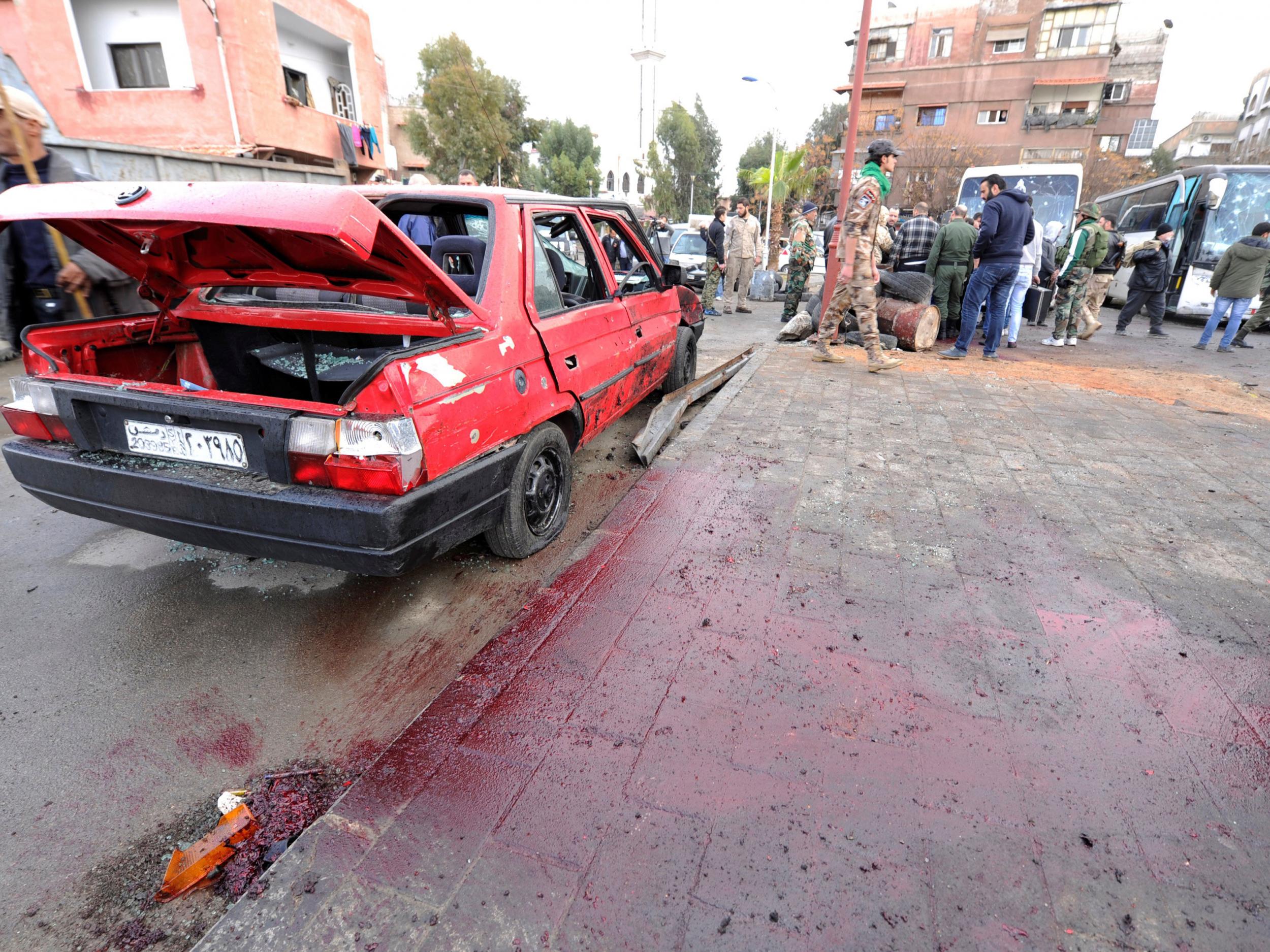 Suicide bombers killed 44 people in Damascus yesterday in an attack targeting Shia worshippers