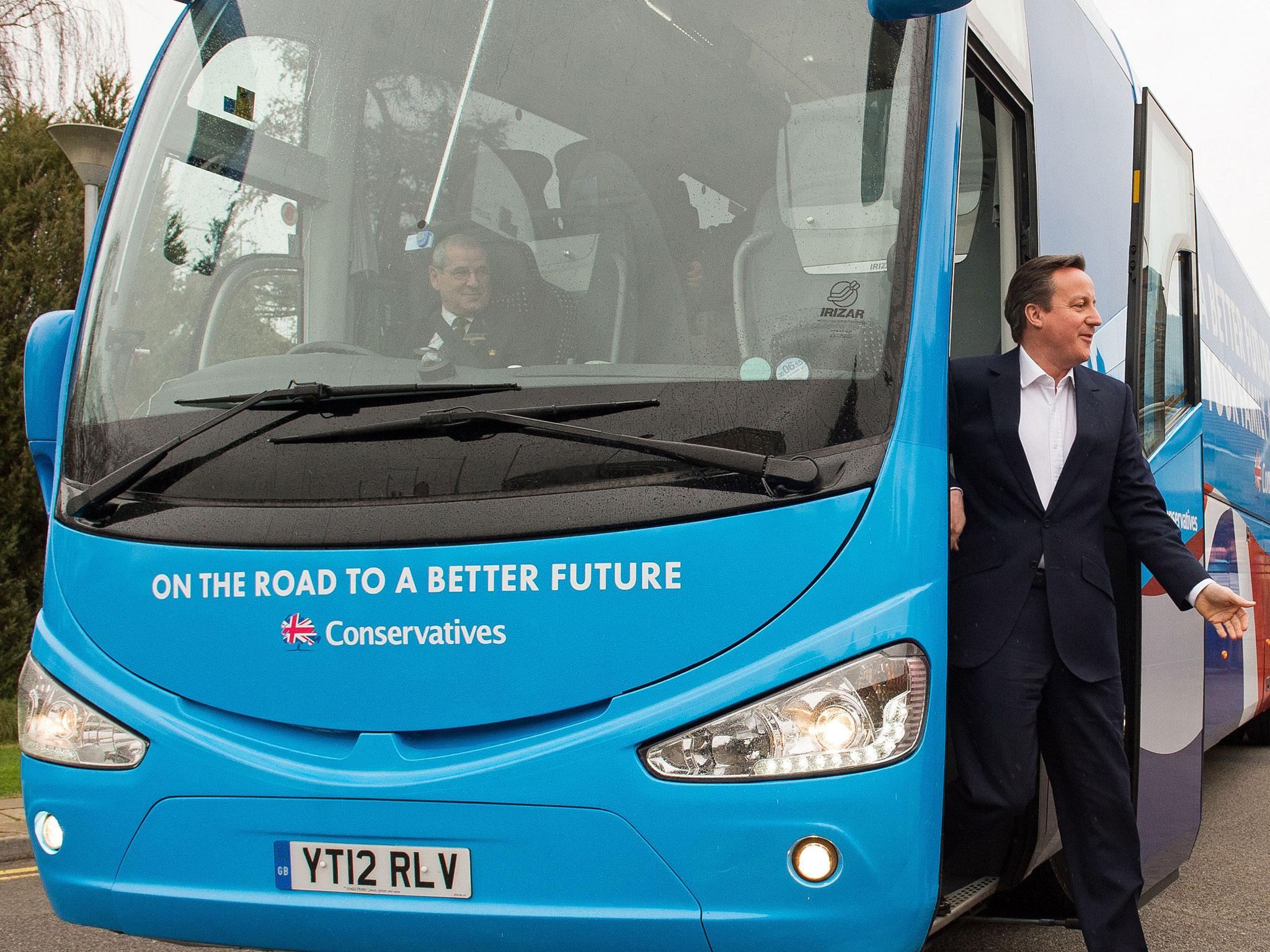 David Cameron steps of the Conservative battlebus in 2015