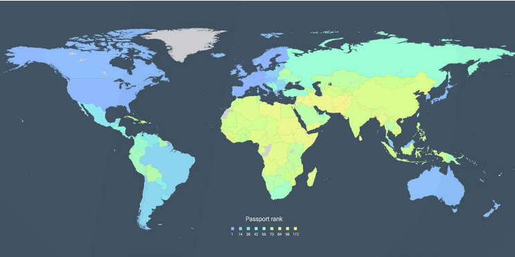 This heat map shows the countries with the highest freedom to travel in blue, and the worst travel freedoms in yellow (Henley &amp;amp; Partners)