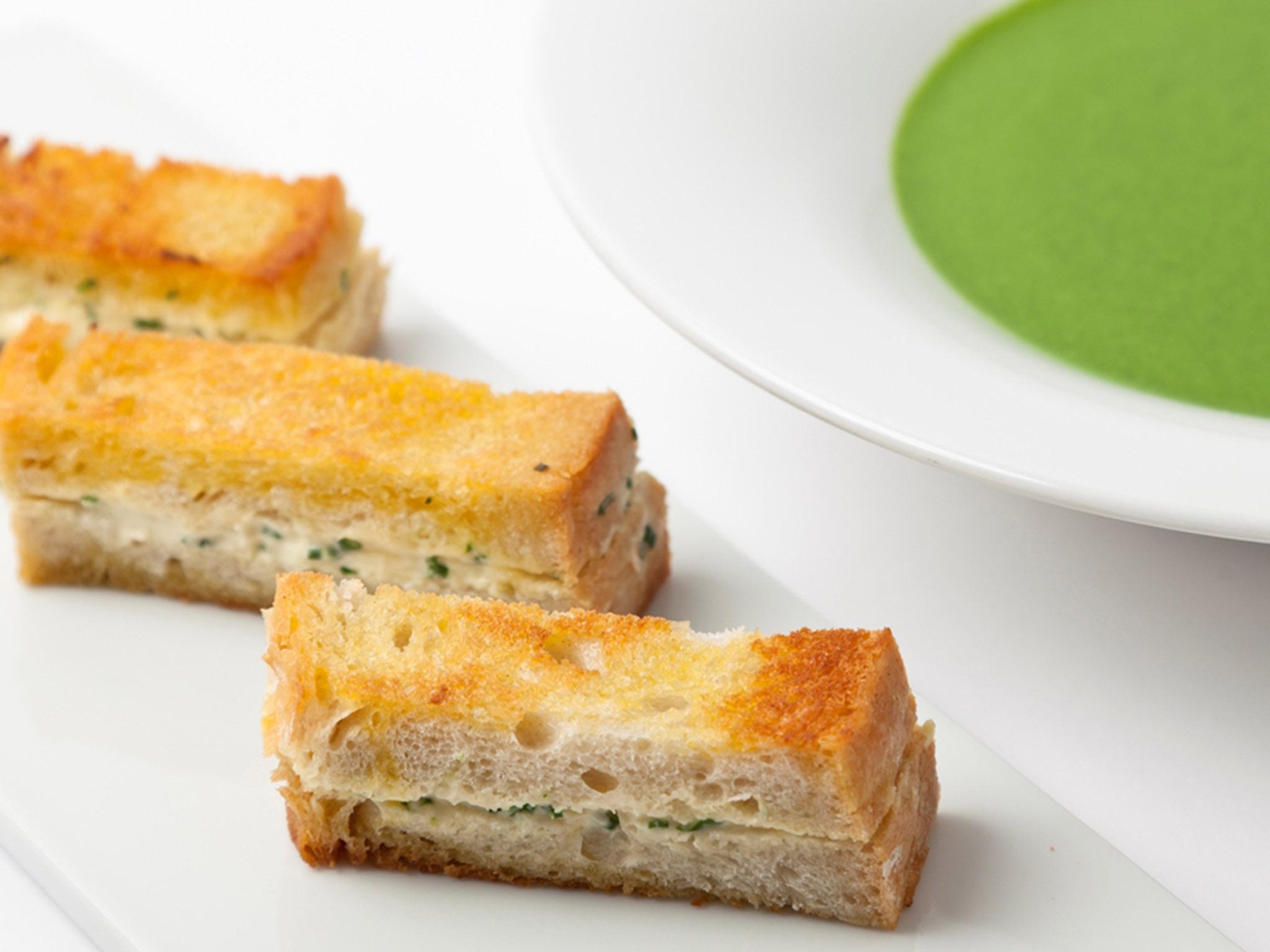 Dip sticks: Adam Gray’s spinach and wild garlic soup is joined by cream cheese toast fingers