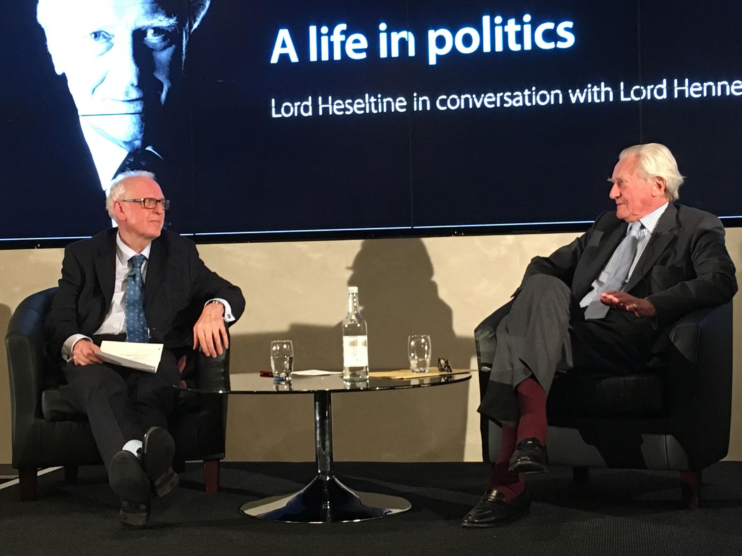 Lord Heseltine speaking in Oxford; the Tory peer was sacked by Theresa May for rebelling over Brexit