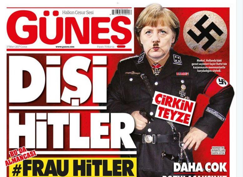 A Turkish tabloid depicted Ms Merkel as 'Mrs Hitler'