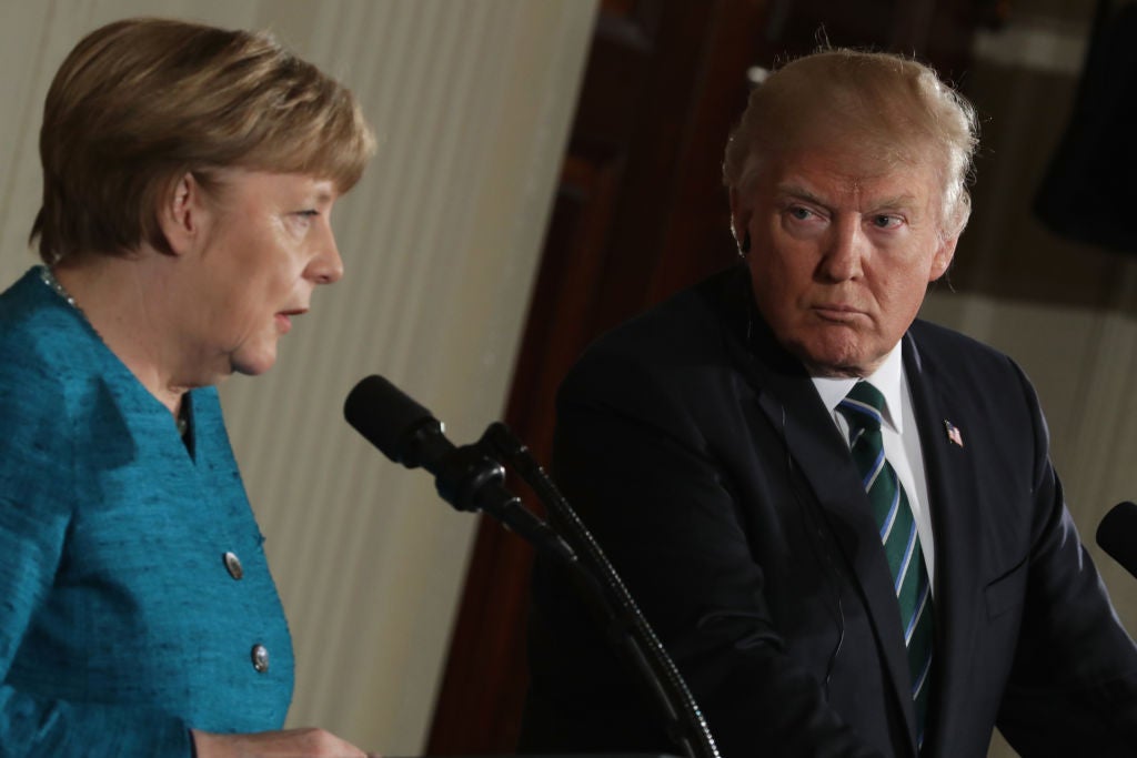 &#13;
A US reporter told Ms Dunz to pose her question in German so Mr Trump could not interrupt Picture: &#13;