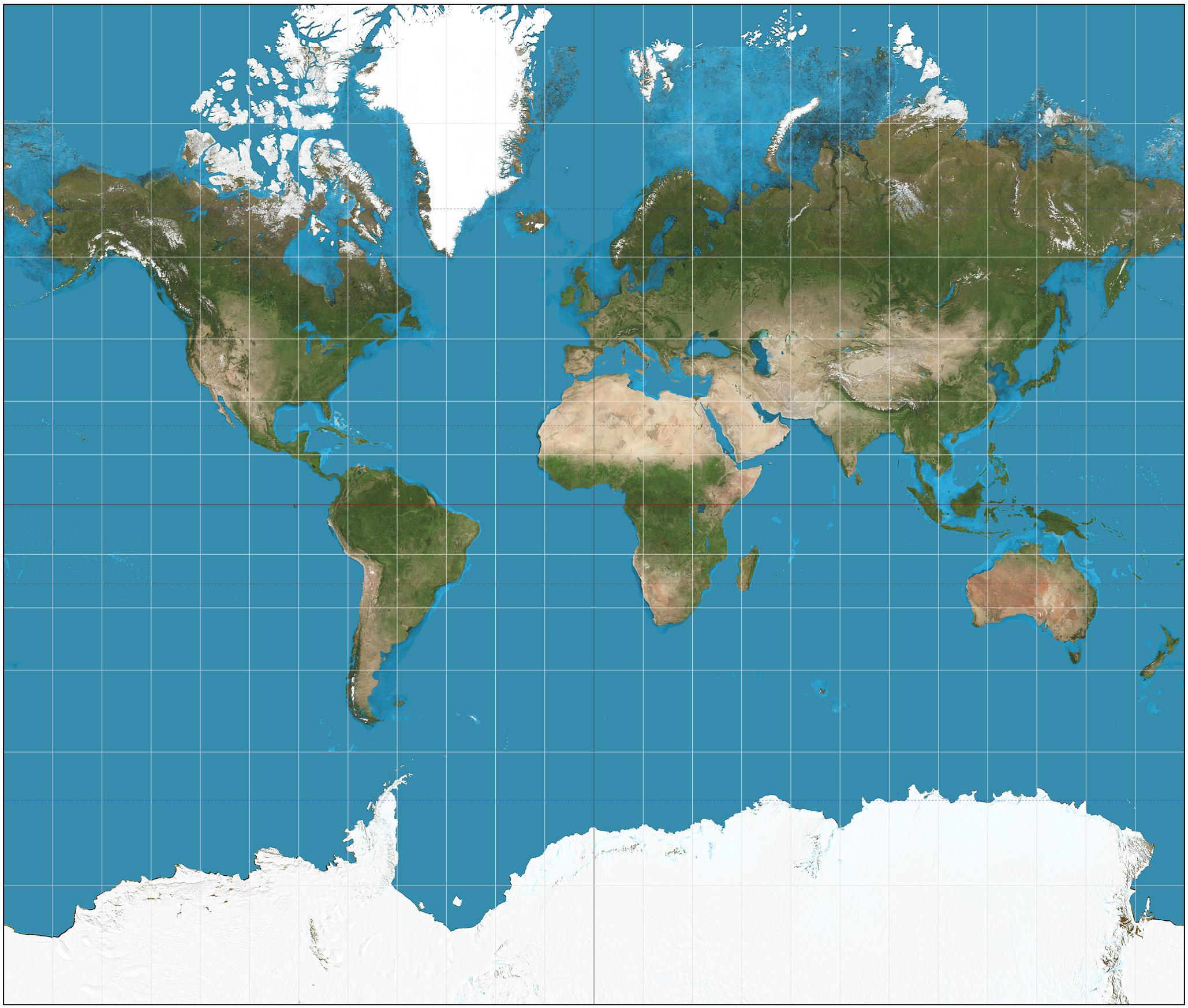 A traditional Mercator projection map of the world, showing distortions the further away from the equator