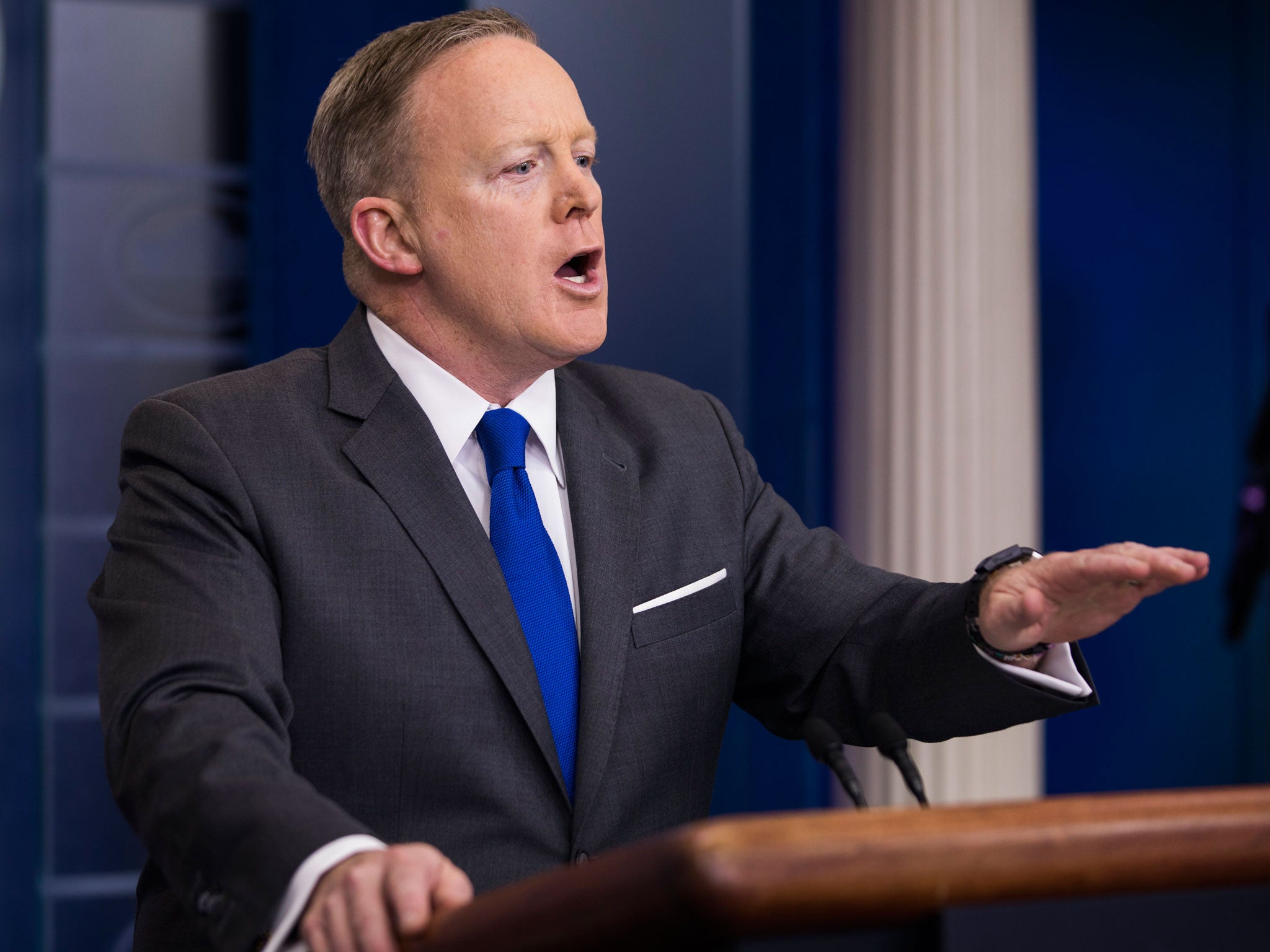 White House Press Secretary Sean Spicer takes questions from the media hours after FBI director James Comey said the FBI is investigating links between Trump's presidential campaign and Russia