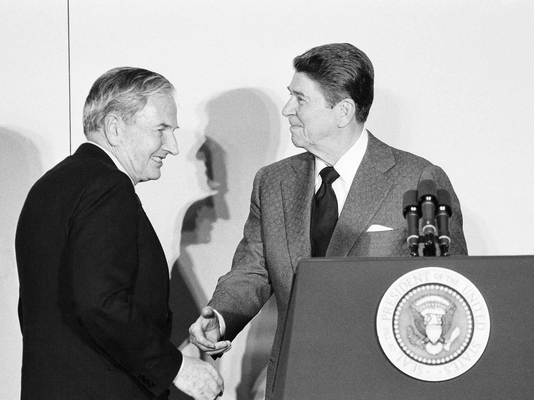 The philanthropist meets President Ronald Reagan at the State Department in 1984