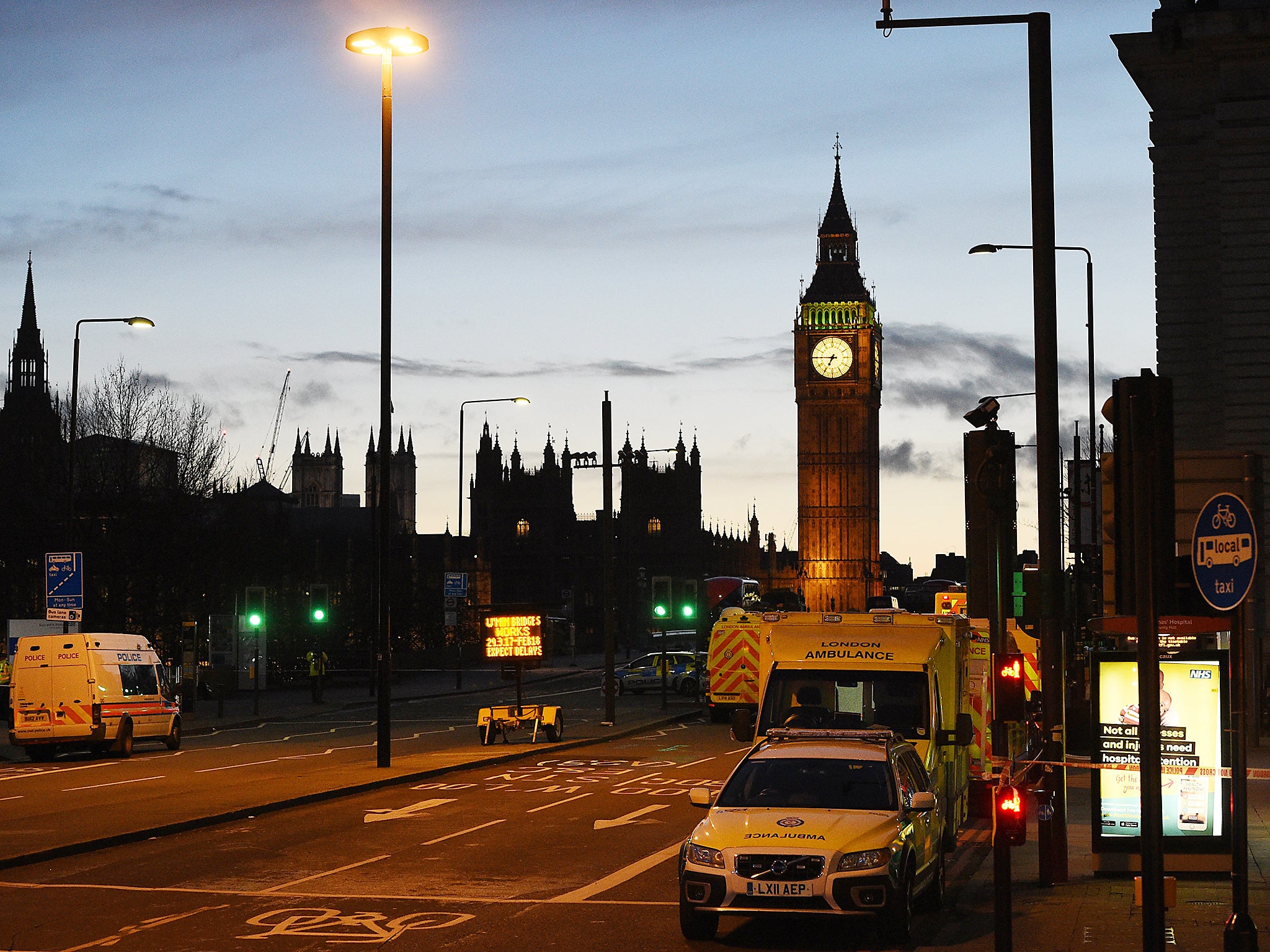 Emergency response workers continue to work over night following major incidents in Westminster Bridge in central London