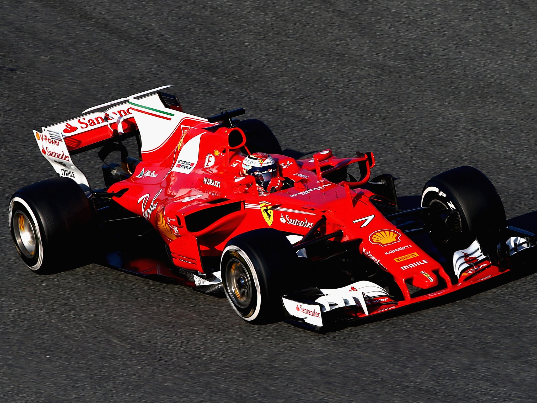 Kimi Raikkonen's Ferrari, complete with a white 'shark fin'