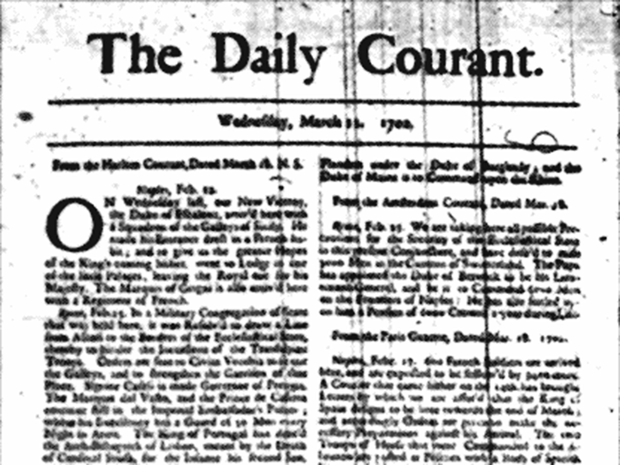 The front page of the first edition of The Daily Courant, the first British daily newspaper, published in 1802