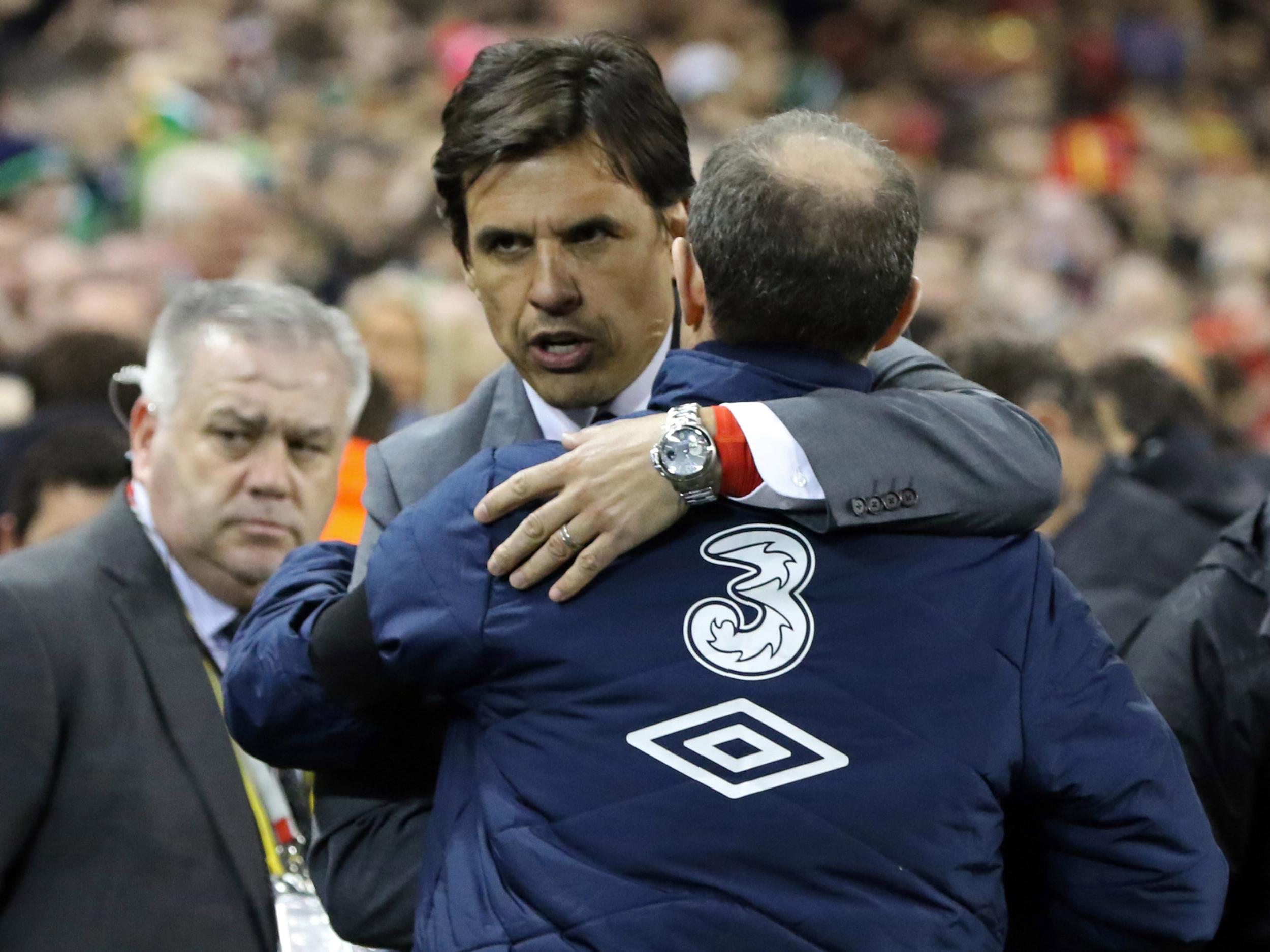 &#13;
Coleman and O'Neill after the final whistle &#13;