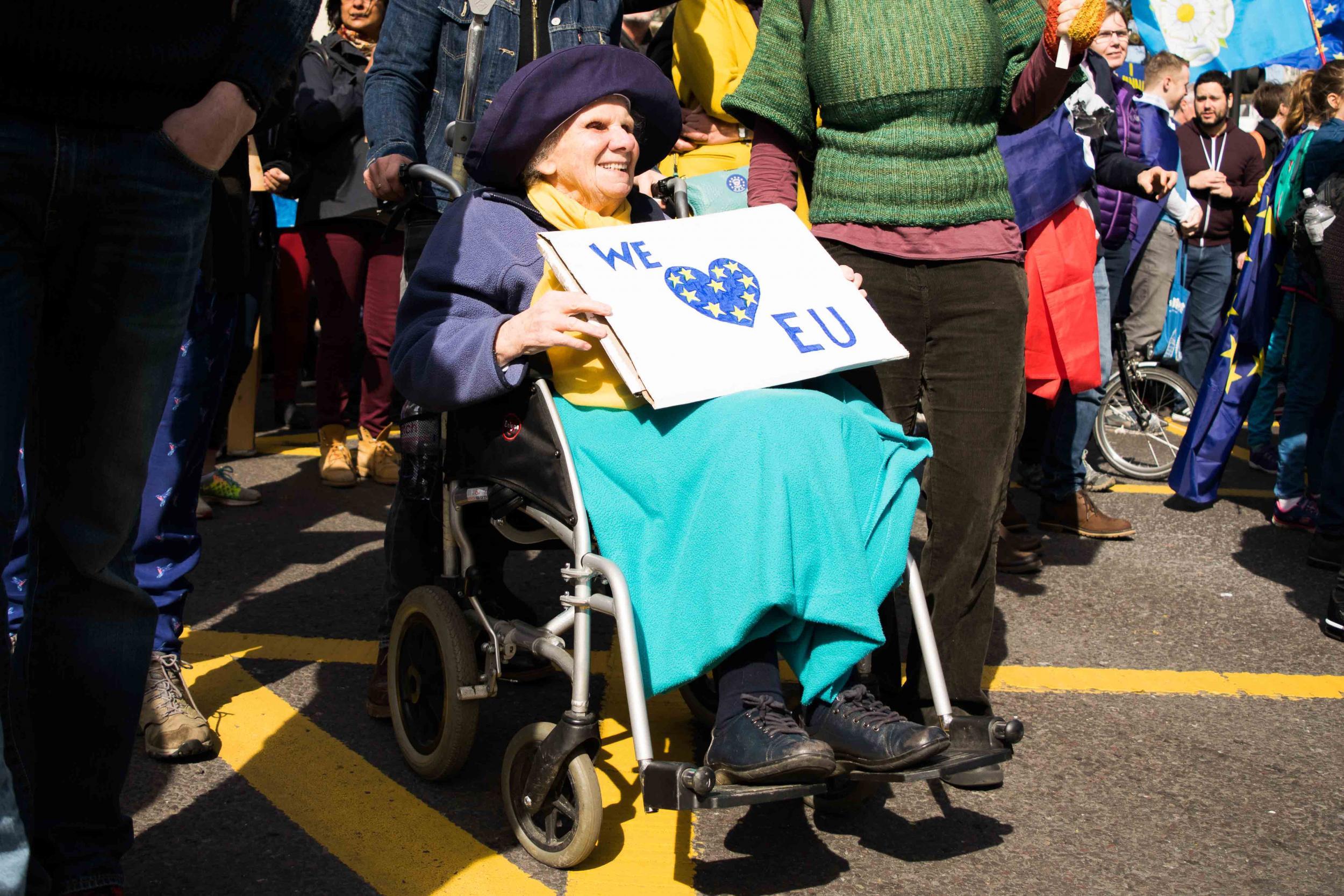 Else Catchpole, 92, travelled from Cambridge to join tens of thousands of other pro-EU marchers in London yesterday