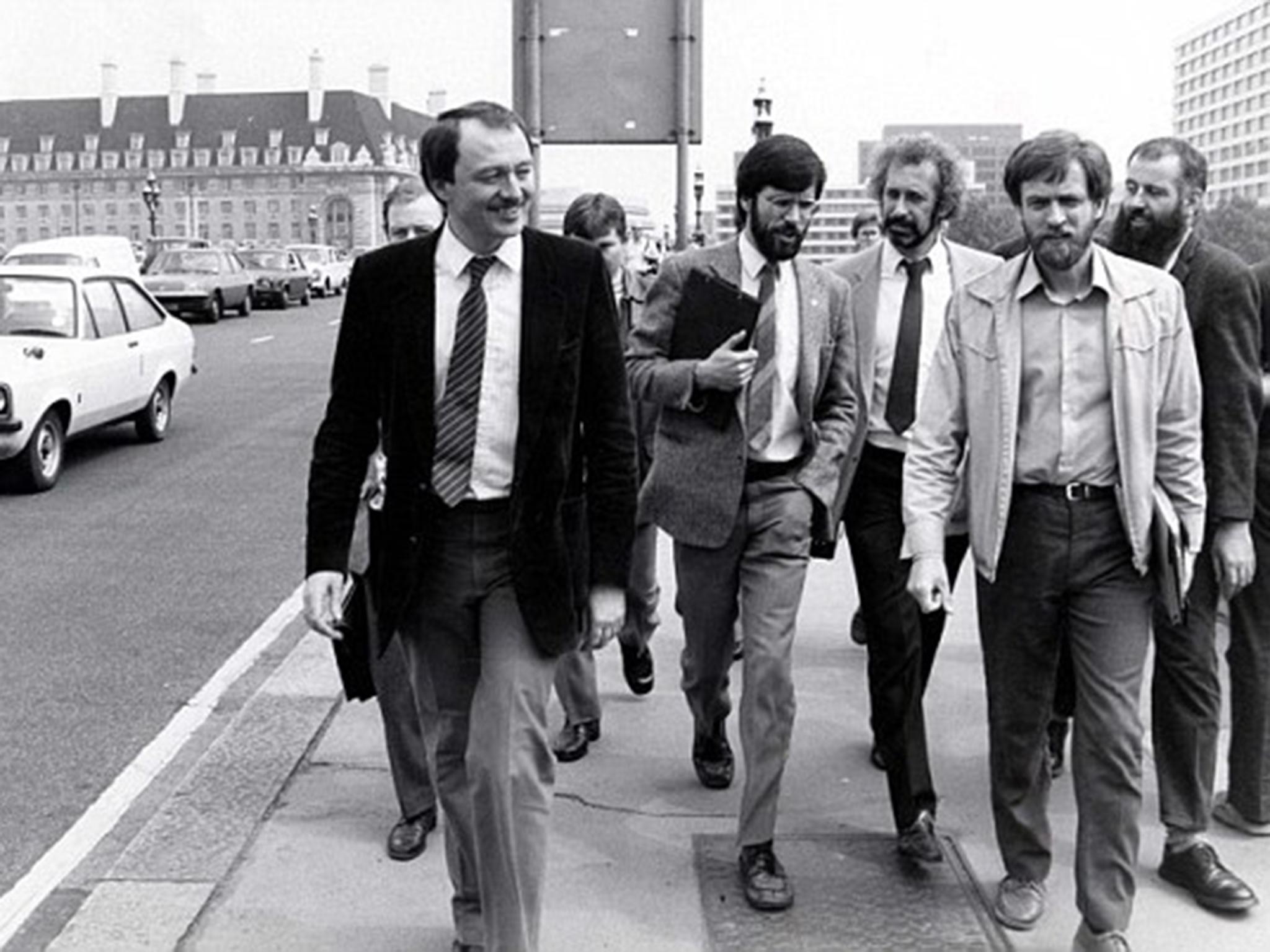 Livingstone (left) with Sinn Fein leader Gerry Adams (centre) and Jeremy Corbyn (second from right) walking on Westminster Bridge in the 1980s