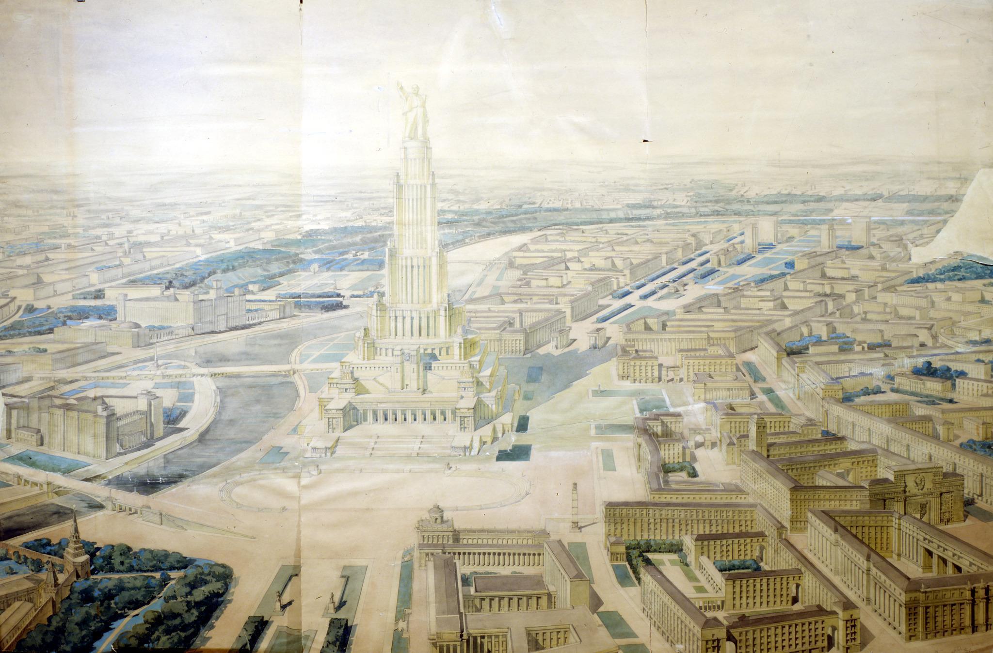 The Palace of the Soviets, an unrealised structure planned for Moscow, but abandoned in 1941 so the steel for it could be used in the war effort