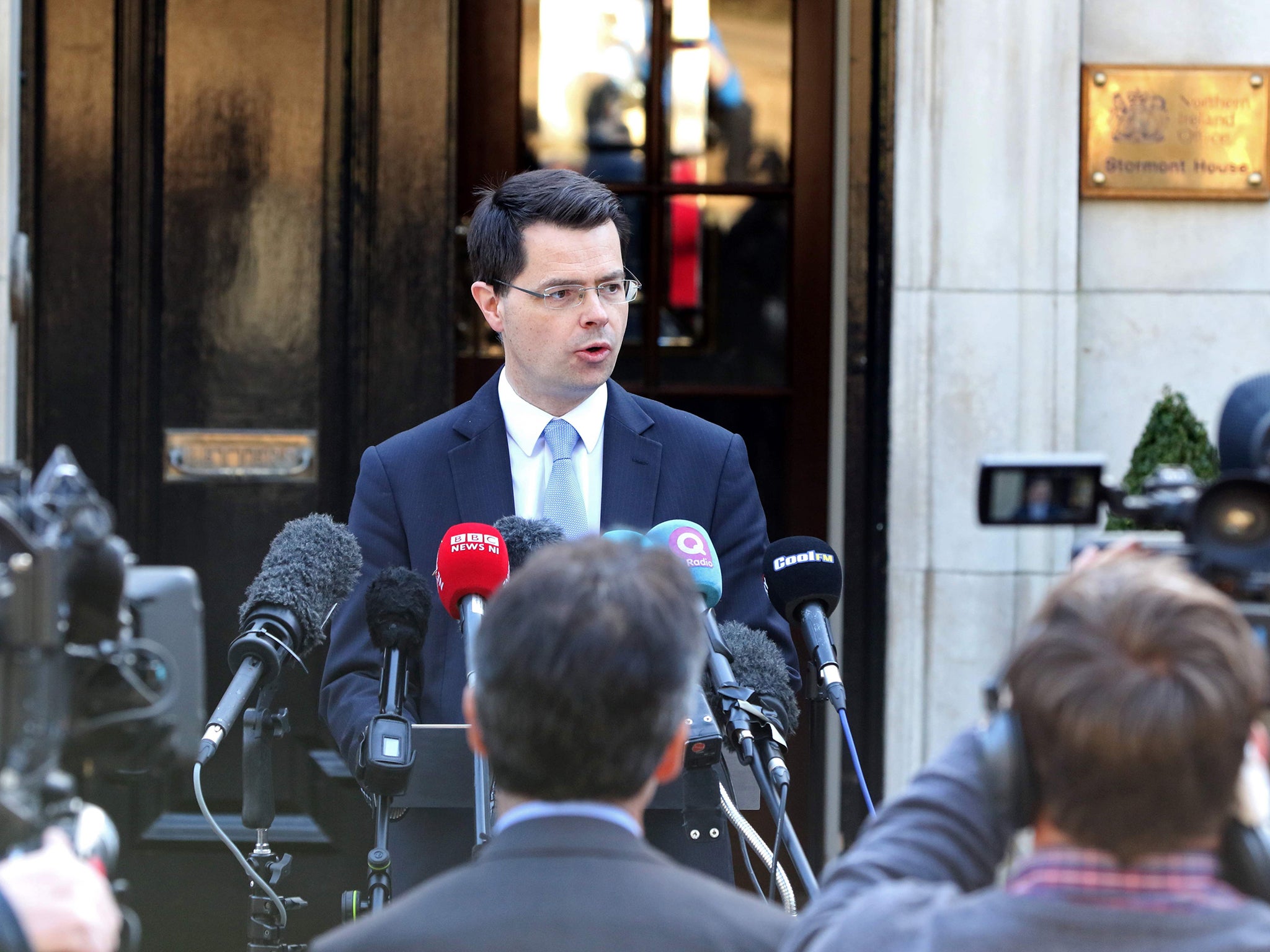 James Brokenshire makes a statement outside his office at Stormont House on Monday