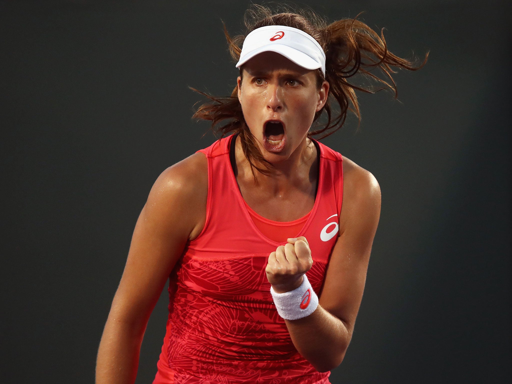 Johanna Konta celebrates beating Lara Arruabarrena to reach the Miami Open quarter-finals