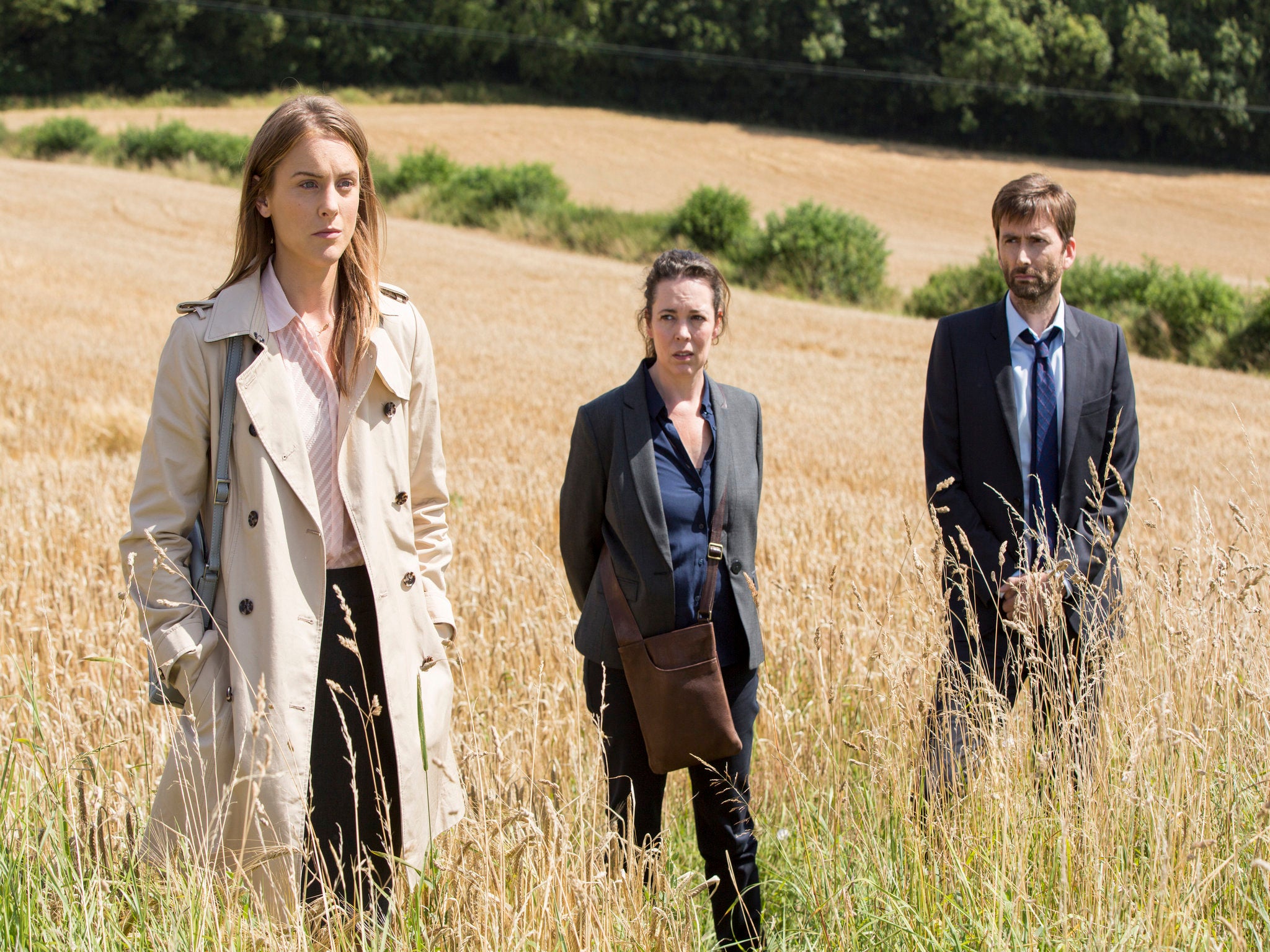 Getting ready for their close-up: Kelly Hough as Laura Benson, Olivia Colman as DS Ellie Miller and David Tennant as DI Hardy