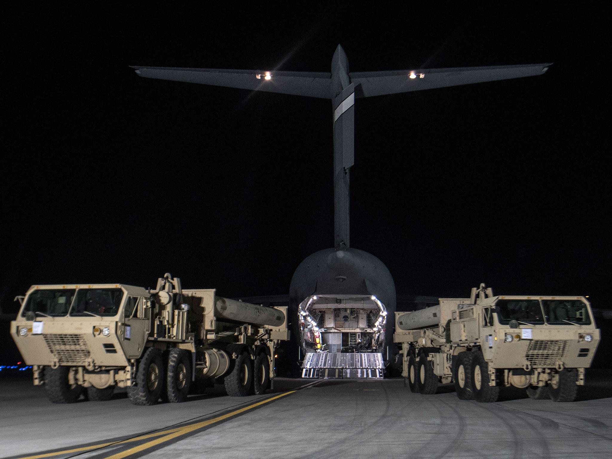 Terminal High Altitude Area Defense (THAAD) interceptors arrive at Osan Air Base in Pyeongtaek, South Korea