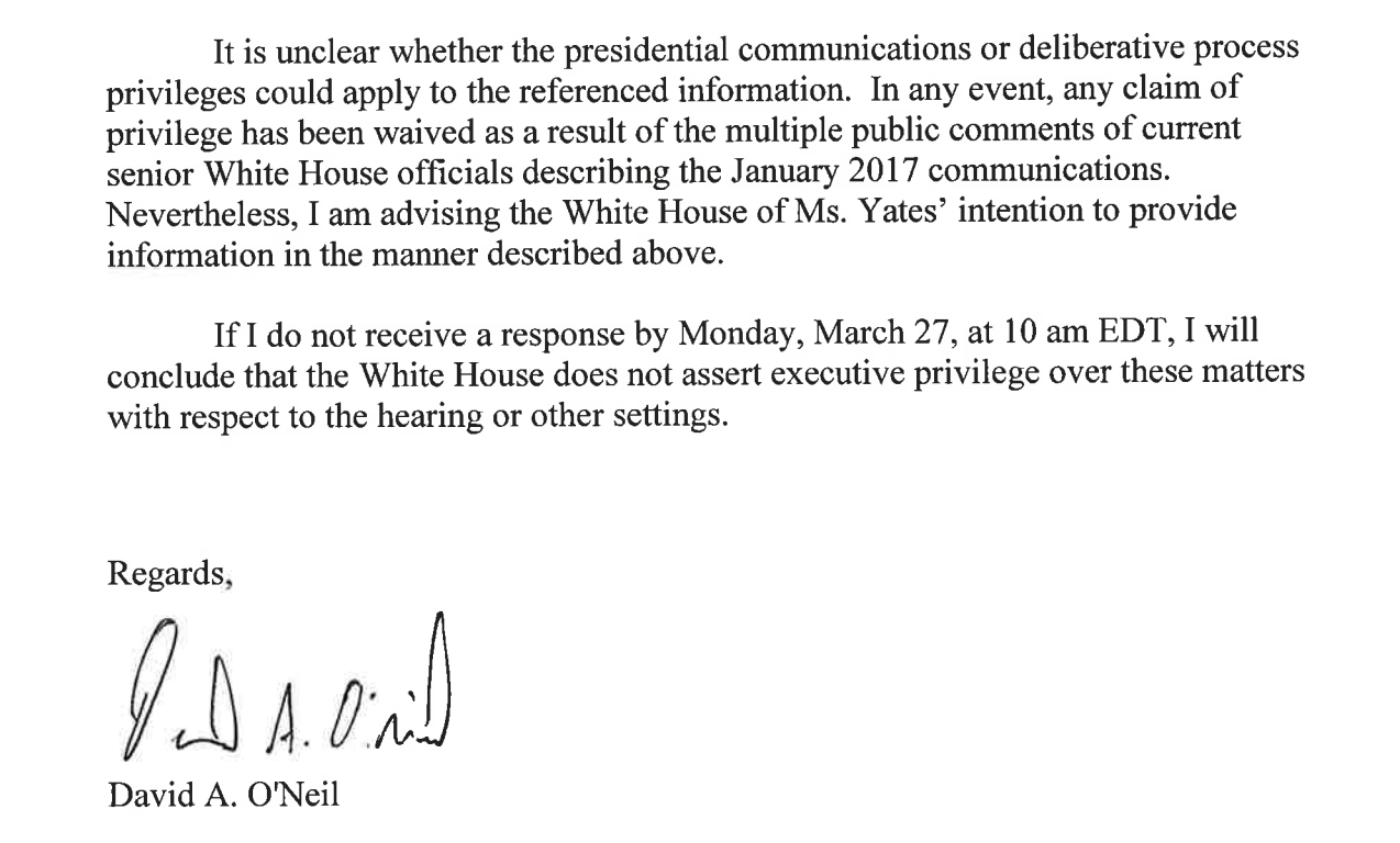 The letter from Ms Yates' lawyer said she would testify unless the White House requested that she not