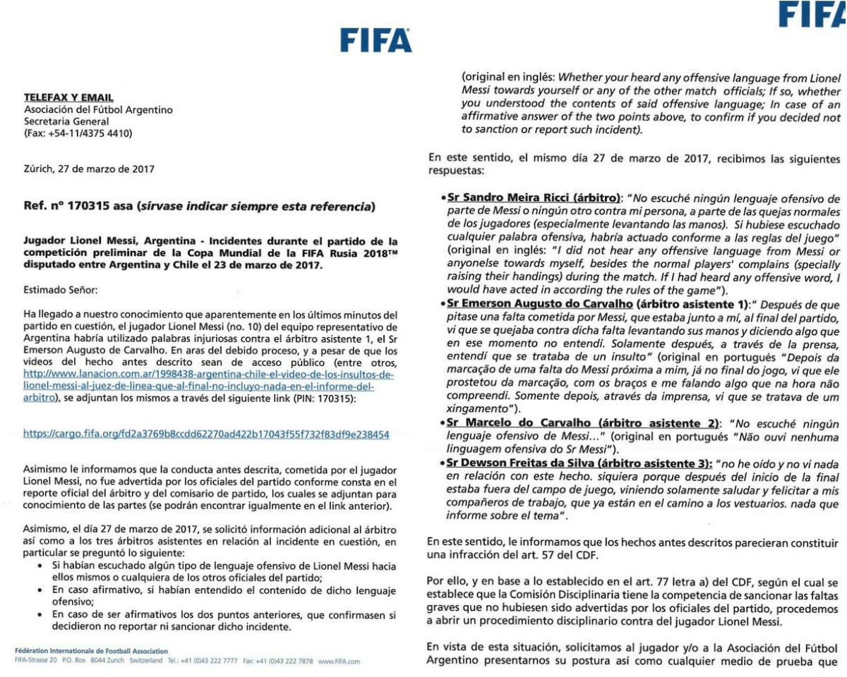 The letter, published in Olé, confirms the officials did not hear what Messi said (Olé)