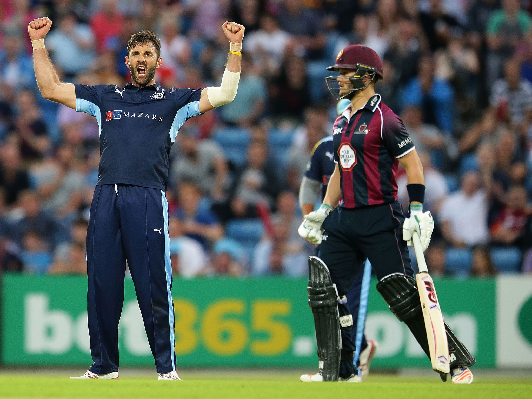 Liam Plunkett celebrates the dismissal of Adam Rossington during the NatWest T20 Blast match between Yorkshire Vikings and Nothamptonshire Steelbacks last year