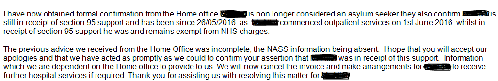 Response from BHR Hospitals after Ms Rea provided documentation showing he was an asylum seeker, sent on 15 February 2017