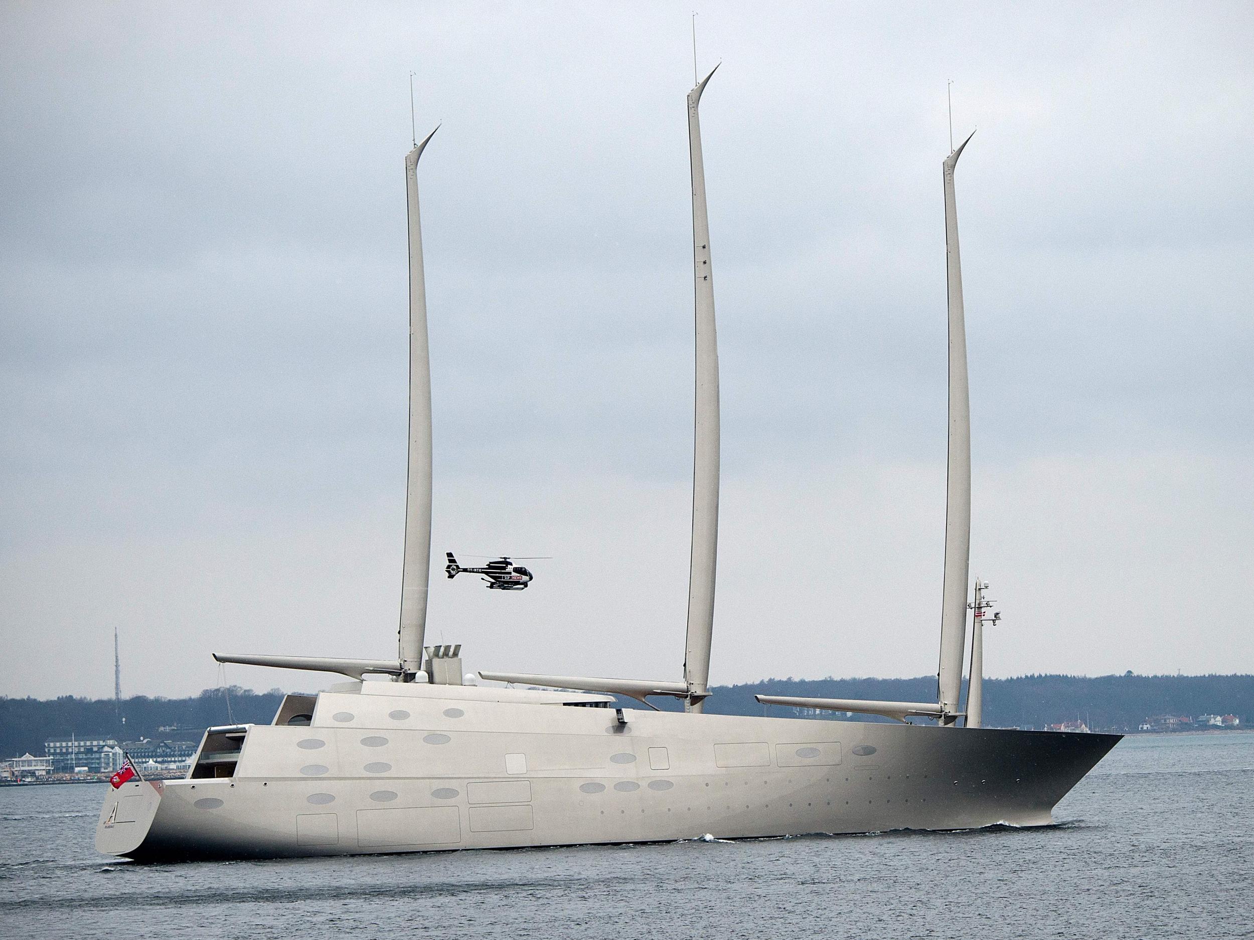 The luxury sail-assisted motor yacht 'Sailing Yacht A' passes Elsinore, North Sealand, Denmark, on 6 February 2017