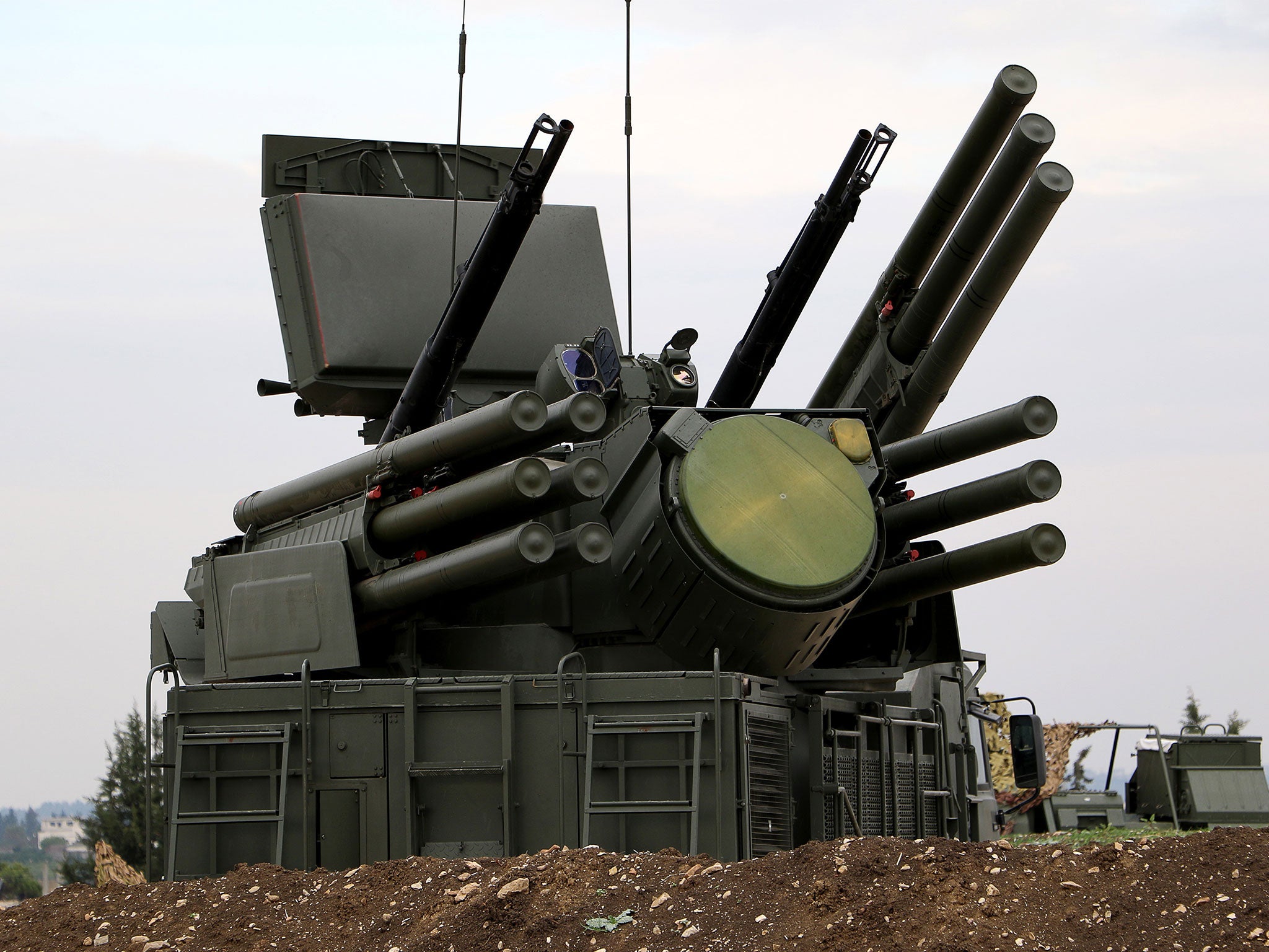 A Russian Pantsir-S1 anti-aircraft defence system at the Russian Hmeimim military base in Latakia province, in the northwest of Syria