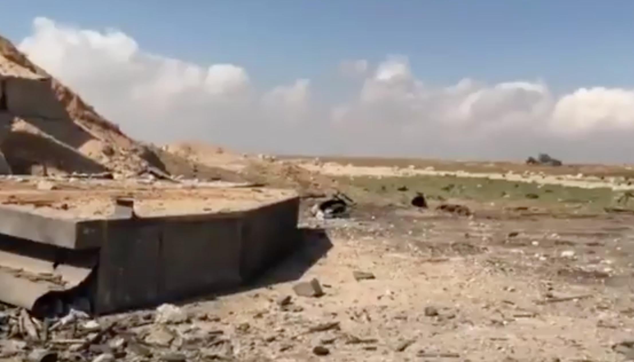 A screenshot from video footage shot by the Russian state news agency from Al Shayrat airbase in the aftermath of a US air strike on 5 April 2017