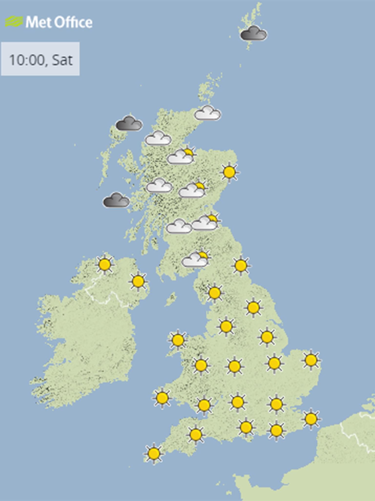 Expect warm temperatures in the south, but cooler weather and clouds further north (Met Offce)