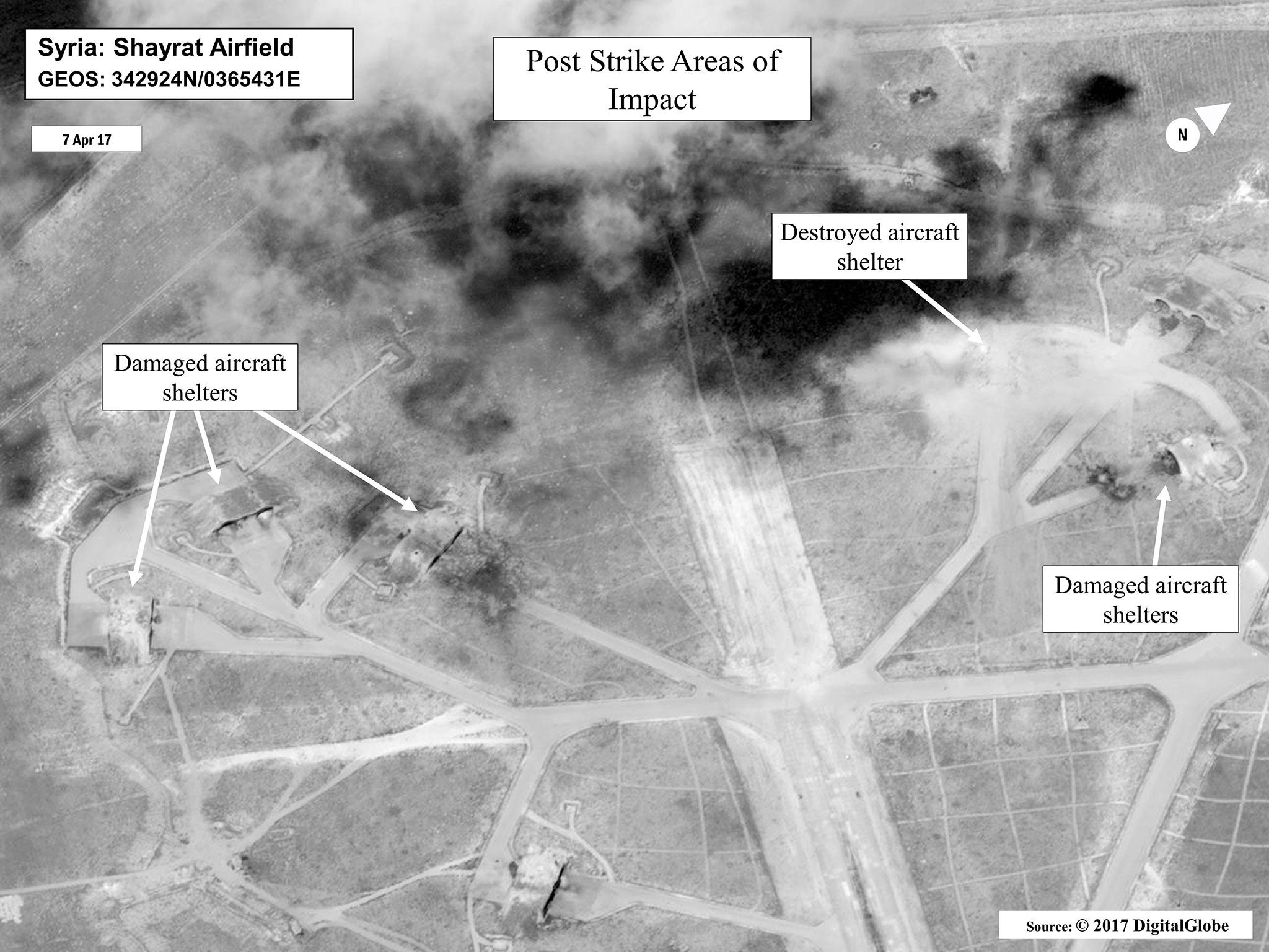 &#13;
A battle damage assessment image of Shayrat airbase in Syria after US air strikes on 7 April &#13;