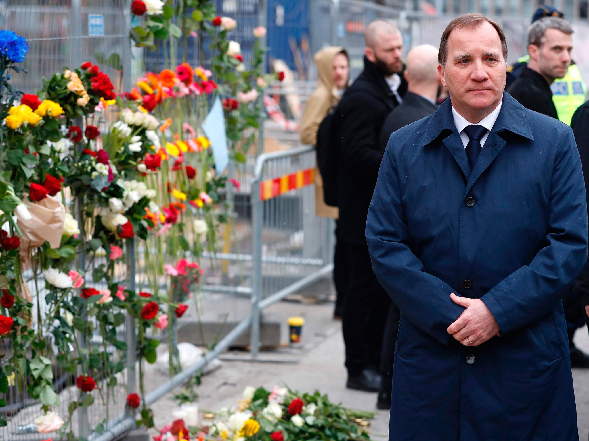 Swedish Prime Minister Stefan Lofven at a memorial near the scene of the lorry attack in Stockholm (AFP/Getty)